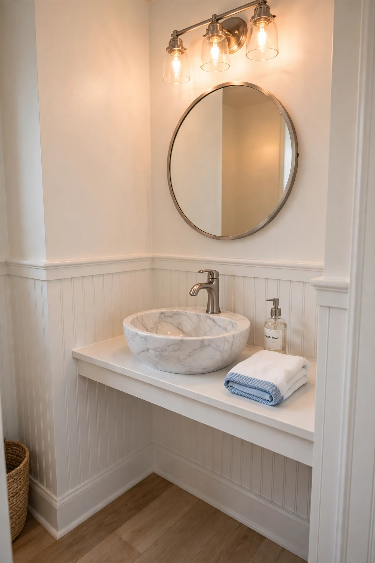 White beadboard wainscot at chair-rail height in a tiny coastal powder room