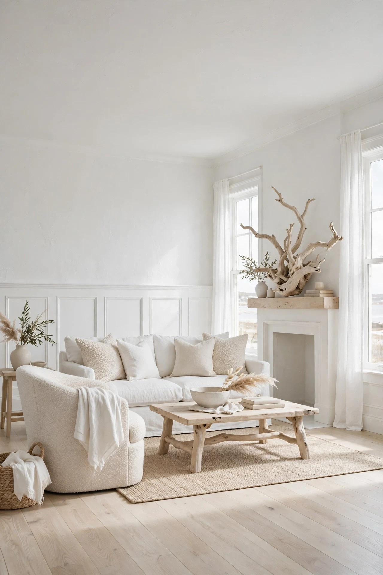 All-white living room layering white wainscot, plaster, and linen textures
