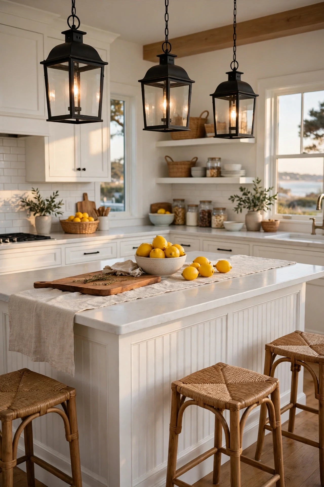 Black lantern pendants over a kitchen island with a beadboard wainscot base