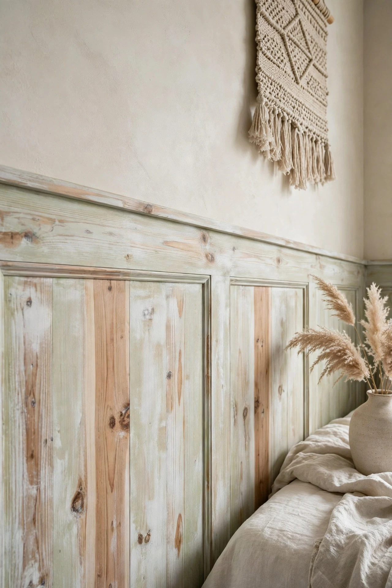 Limewashed cypress wainscot with a cloudy patina in a coastal bedroom