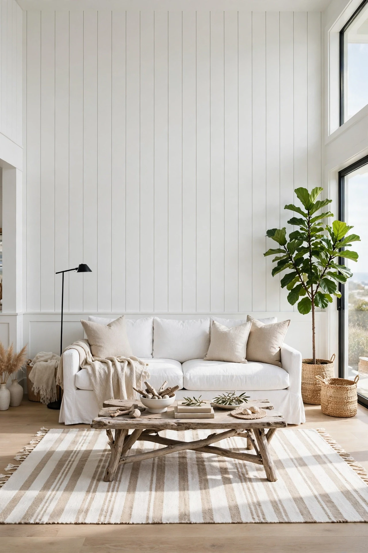 White slipcovered sofa floating in front of a full-height white shiplap wall