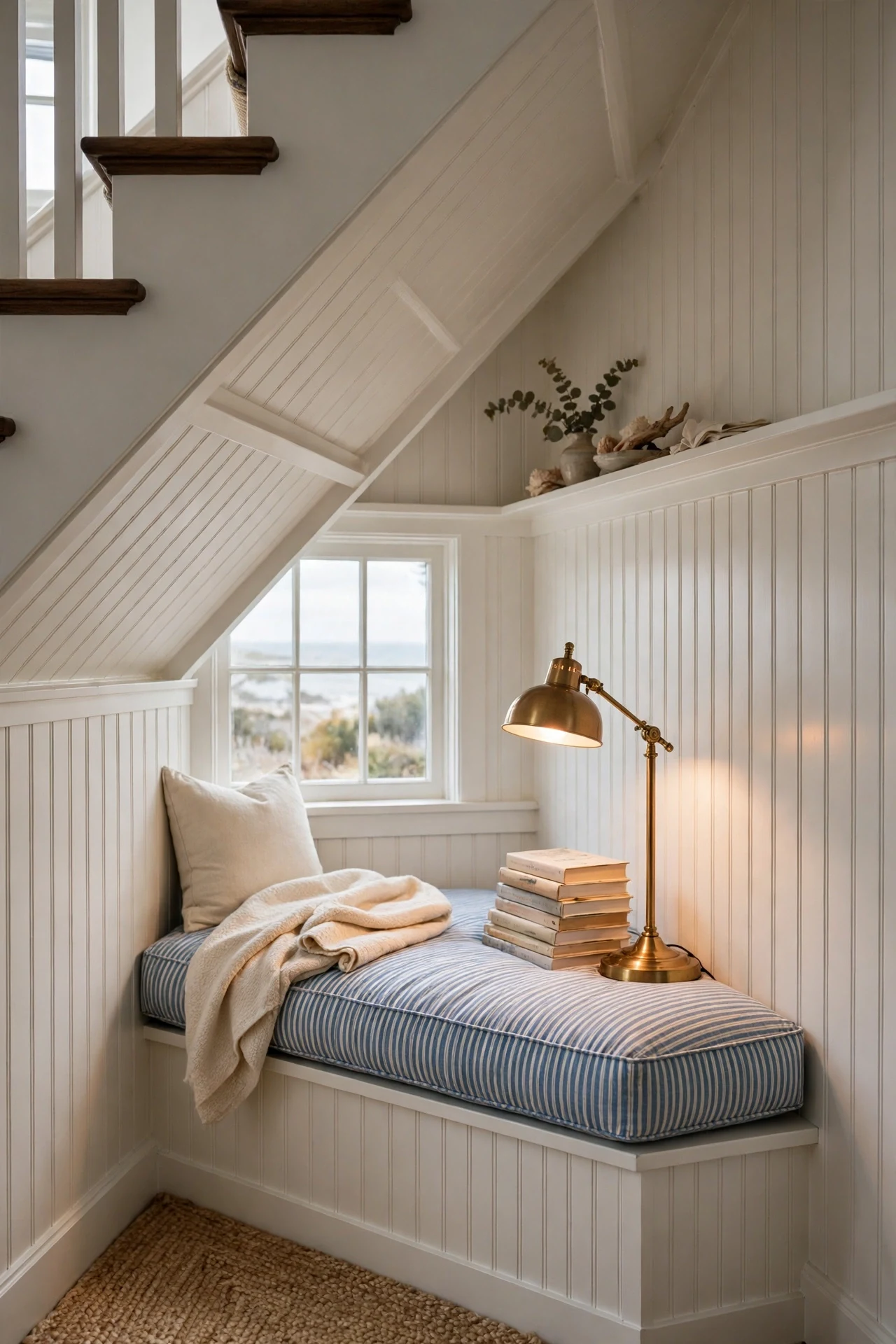 Beadboard-wrapped reading nook with a window seat tucked under a staircase