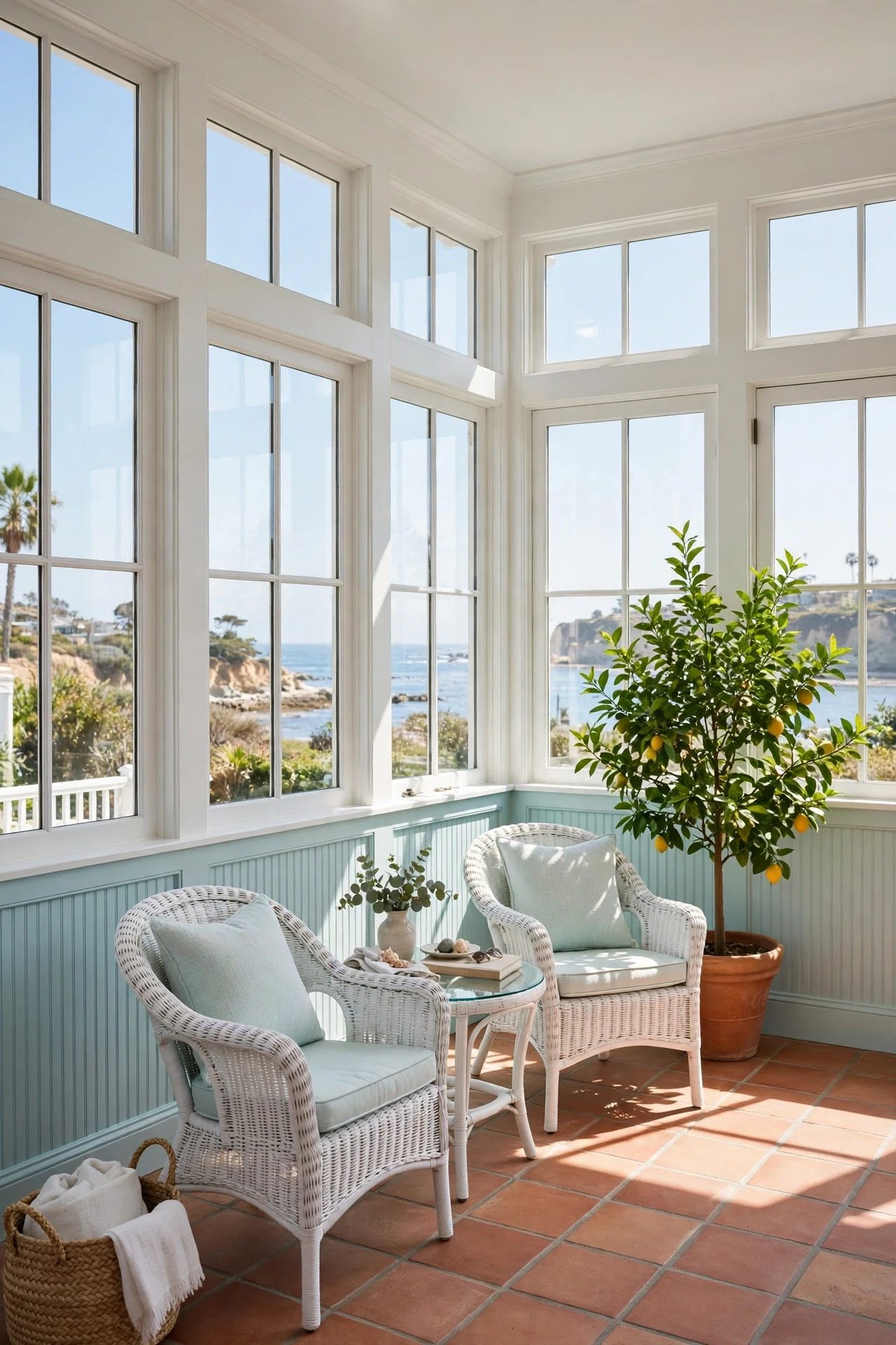 Pale aqua wainscot in a glass-walled coastal sunroom with white wicker chairs