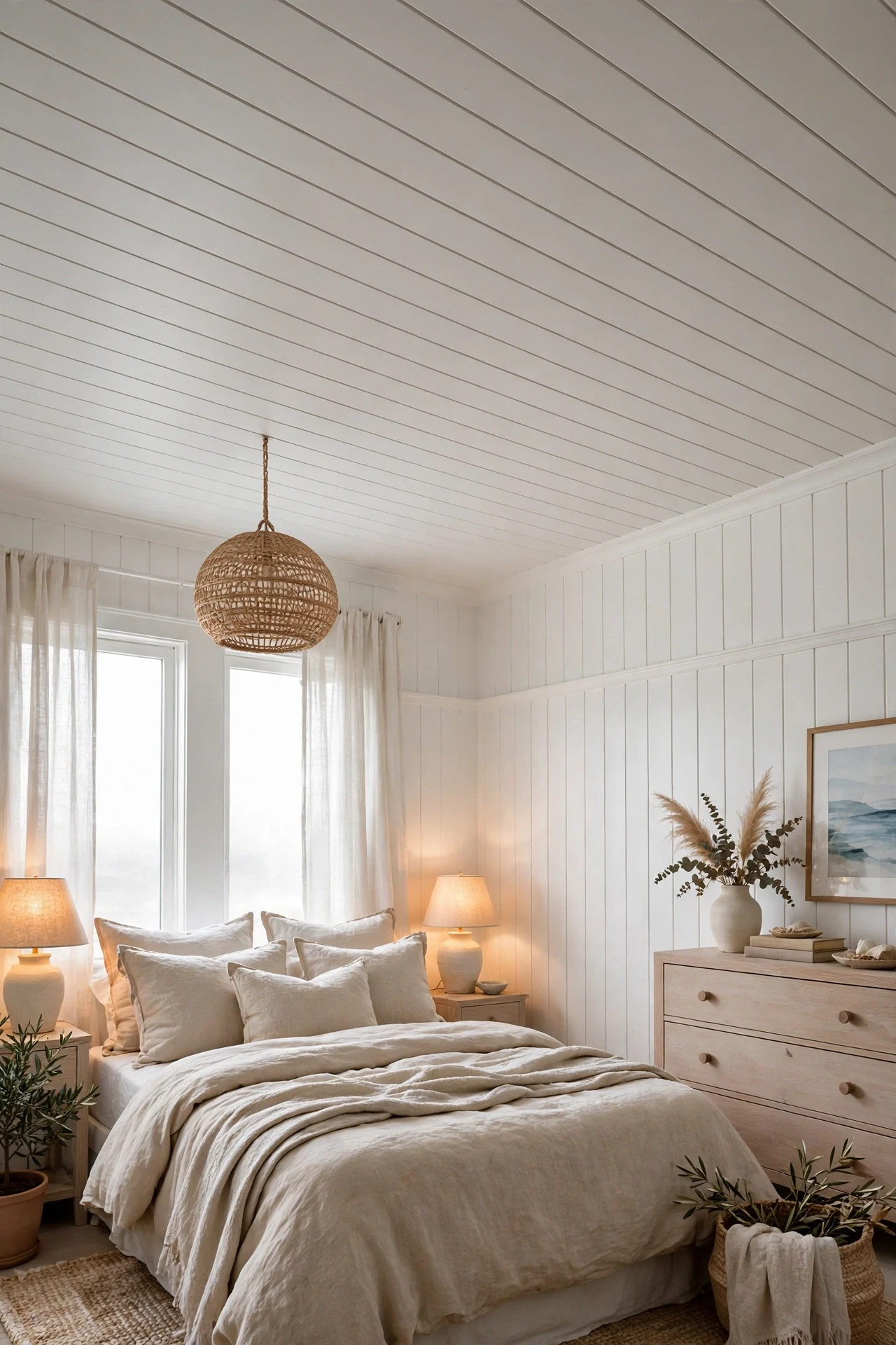 White shiplap ceiling running perpendicular to wainscoted bedroom walls