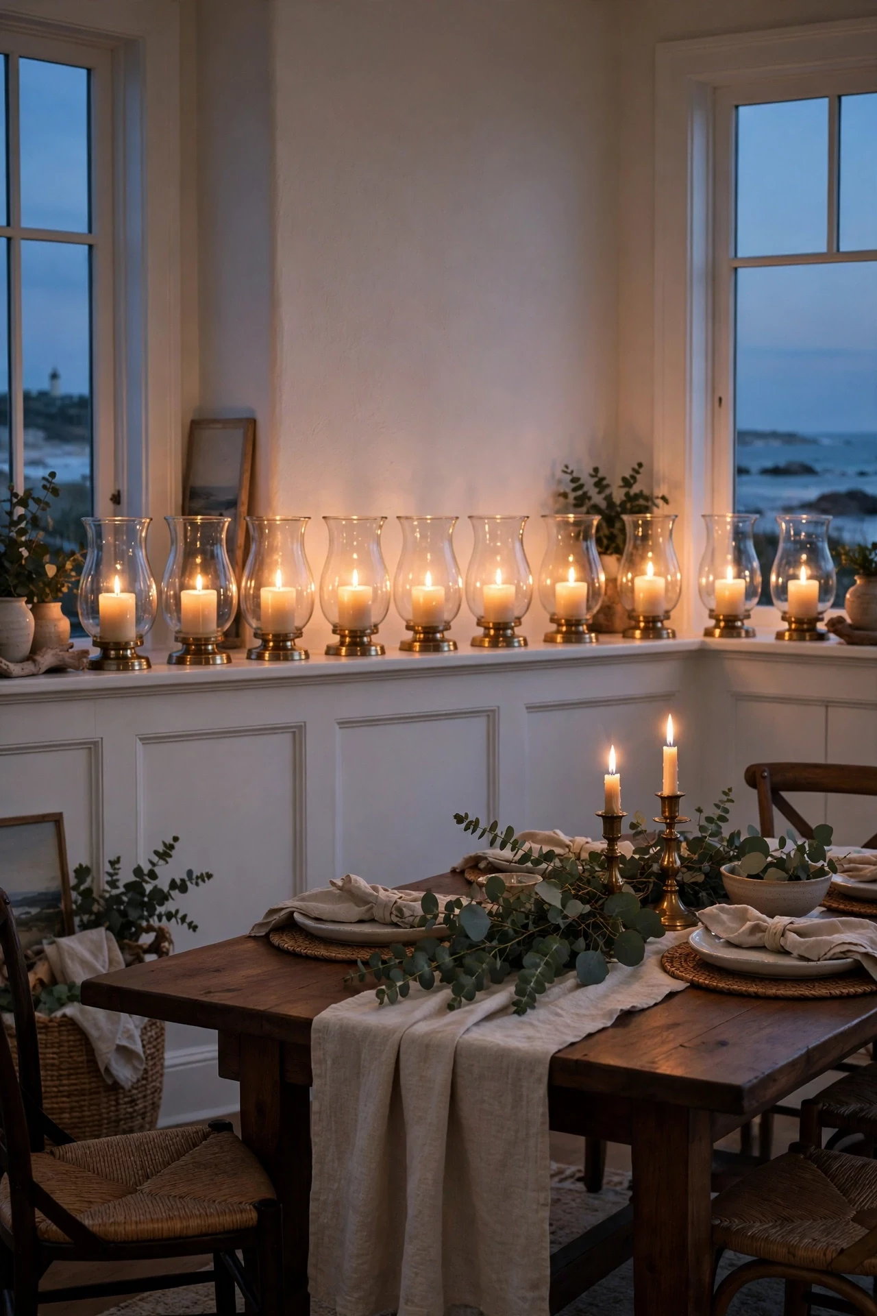 Glowing hurricane lamps lined along a deep white wainscot ledge at dusk