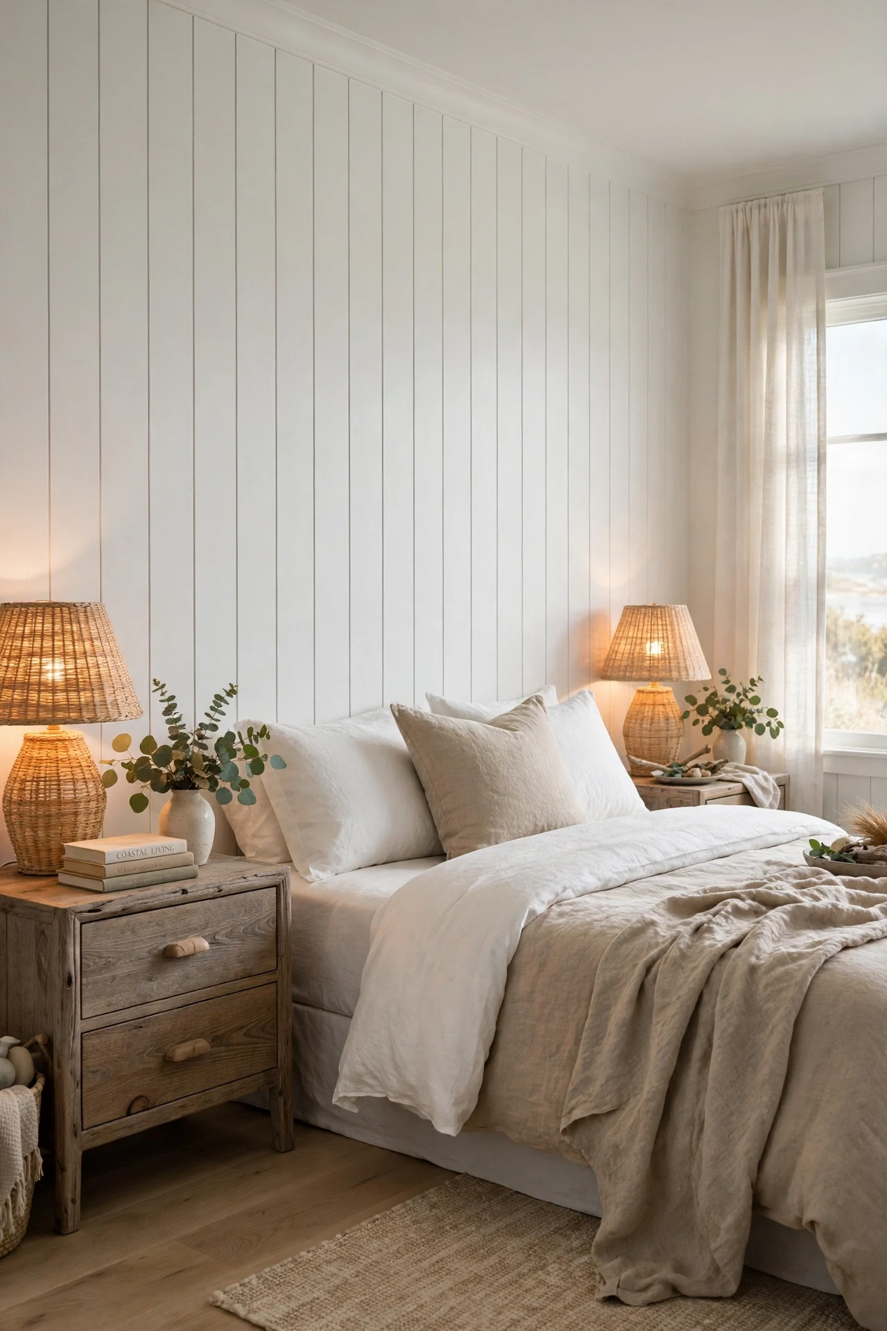 Driftwood-finish nightstands against a full-height wainscoted bedroom wall