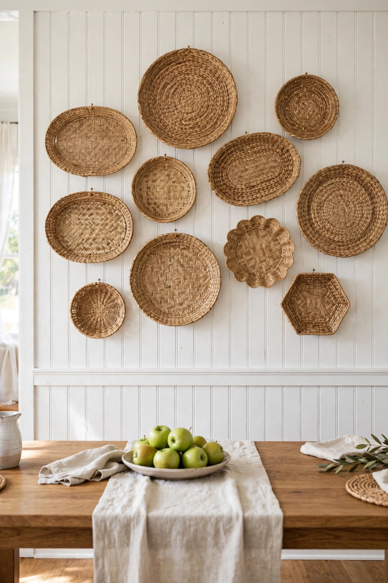 Gallery of flat woven seagrass baskets hung on white beadboard wainscot