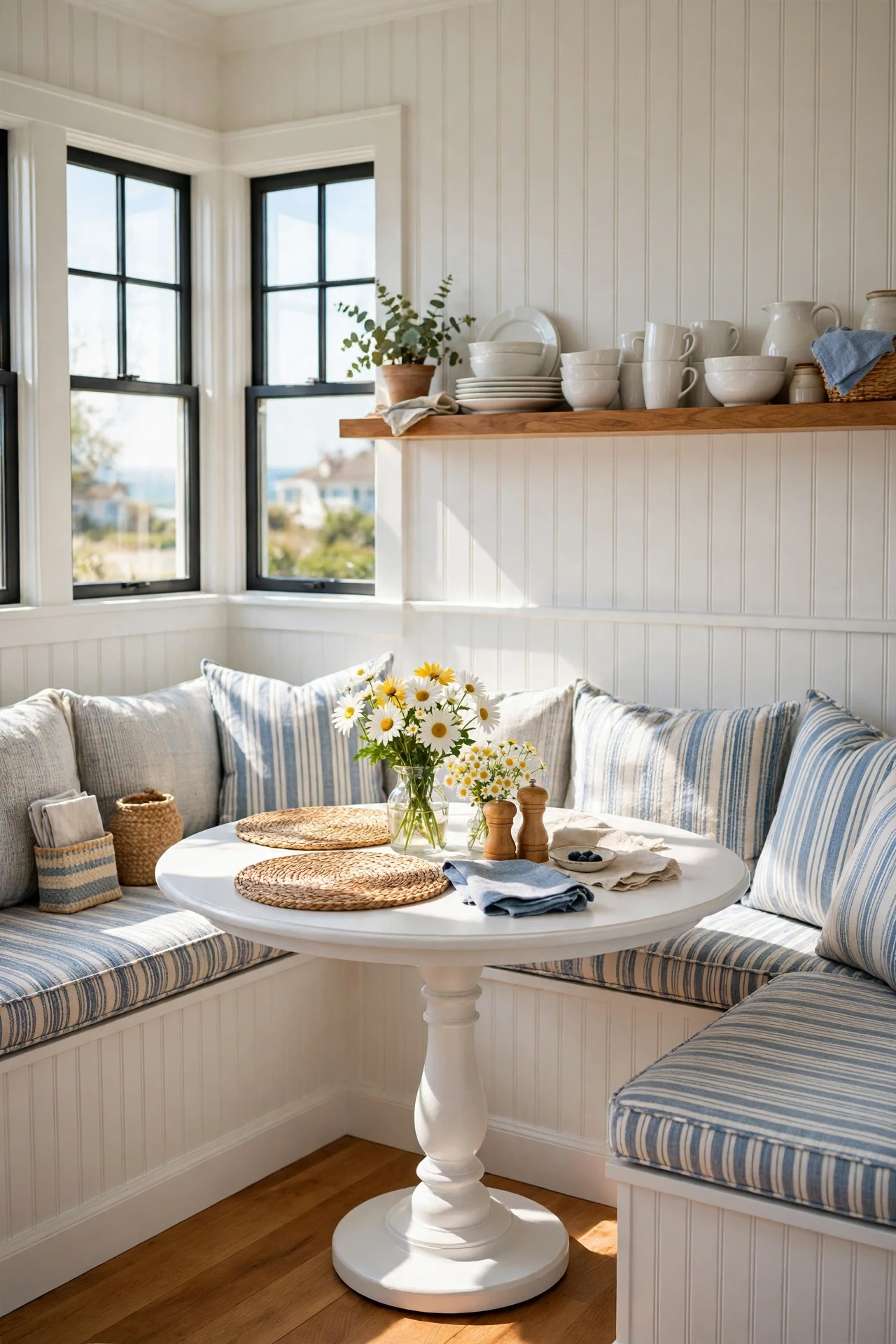 L-shaped banquette wrapped in white beadboard in a small kitchen corner nook