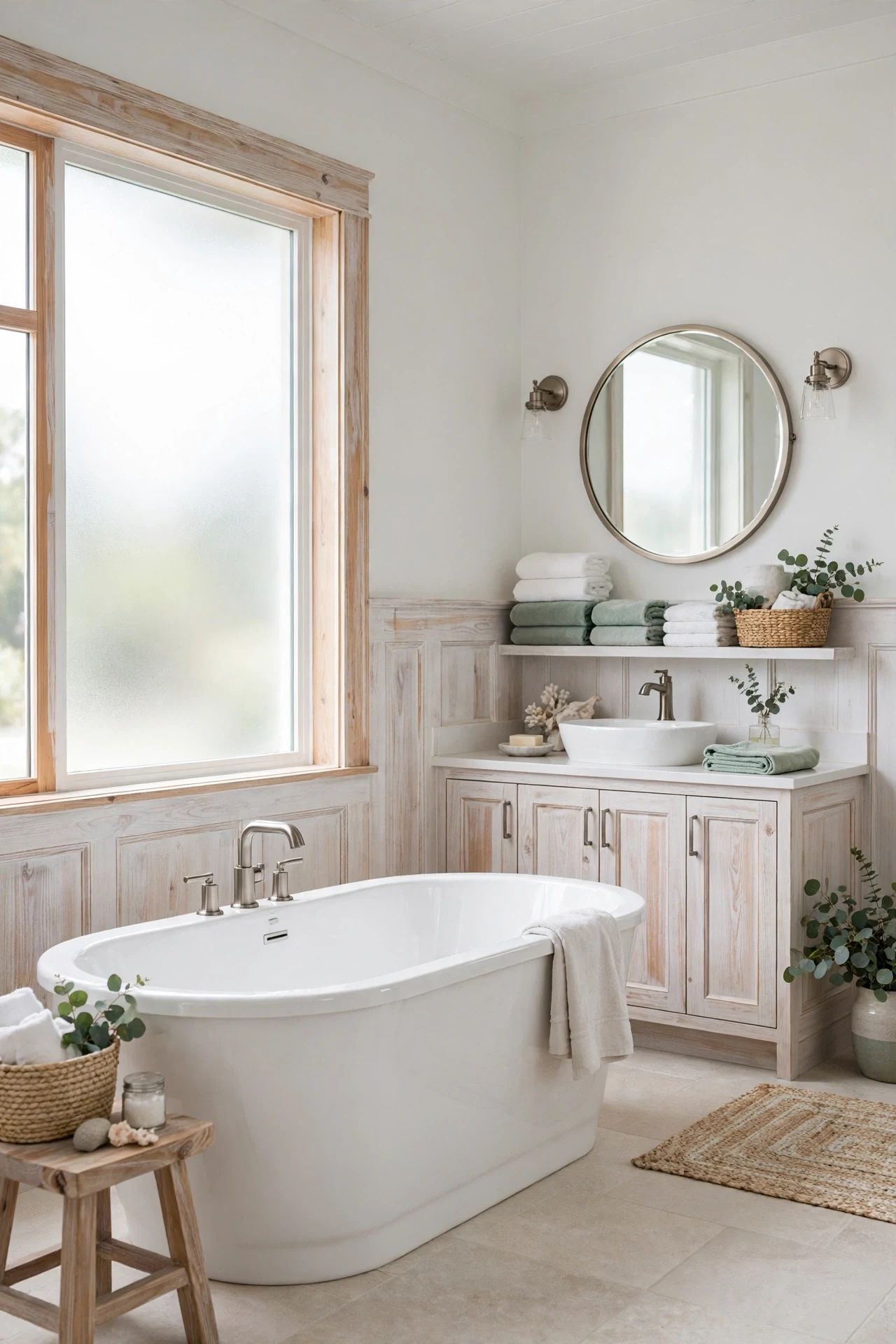 Whitewashed cypress wainscot in an airy bathroom with a freestanding tub