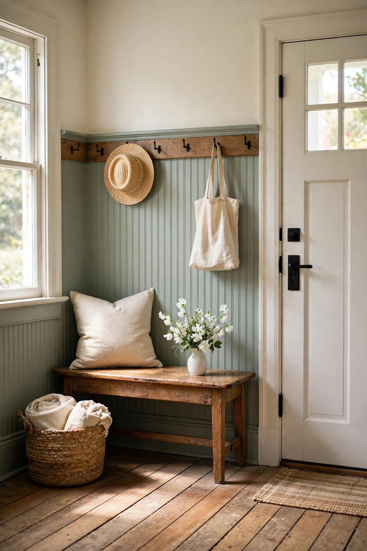 Soft sage beadboard cottage wainscoting in a sunlit entryway with an oak bench and seagrass basket
