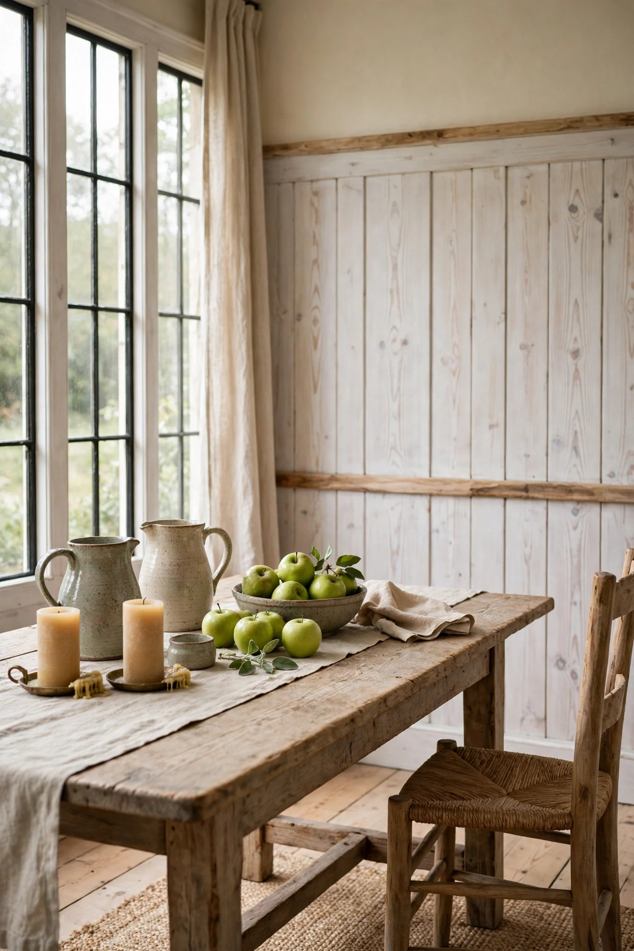 Whitewashed pine cottage wainscoting behind a farmhouse dining table with stoneware and beeswax candles