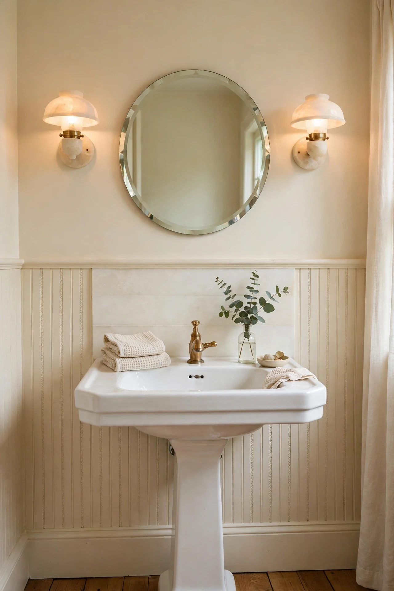 Sconce-lit cream beadboard cottage wainscoting in a guest bathroom with brass faucet and round mirror