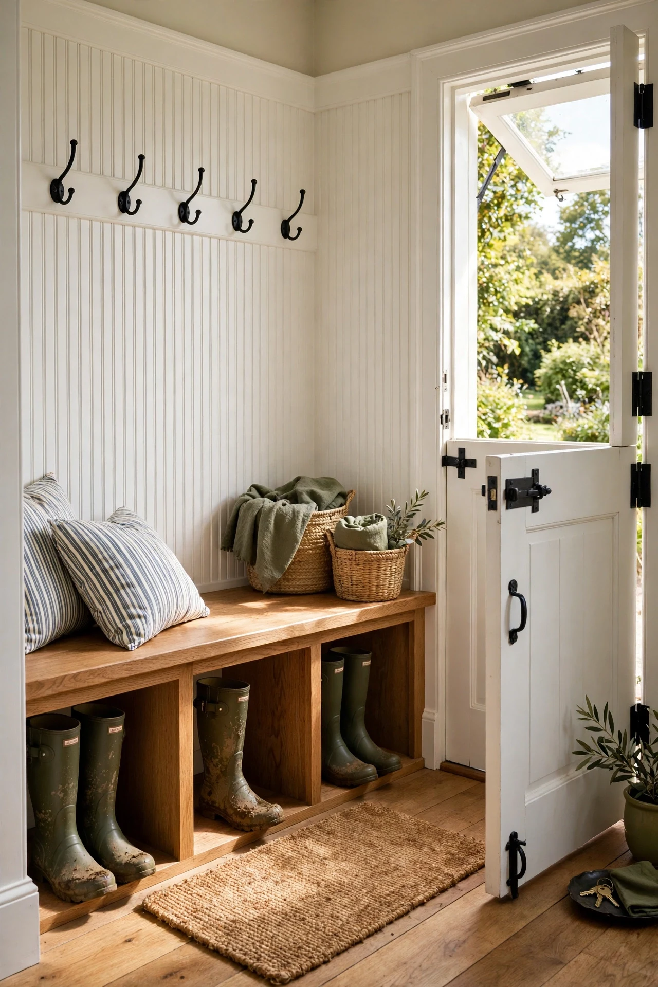 Built-in oak bench with beadboard cottage wainscoting in a bright mudroom with boots and baskets