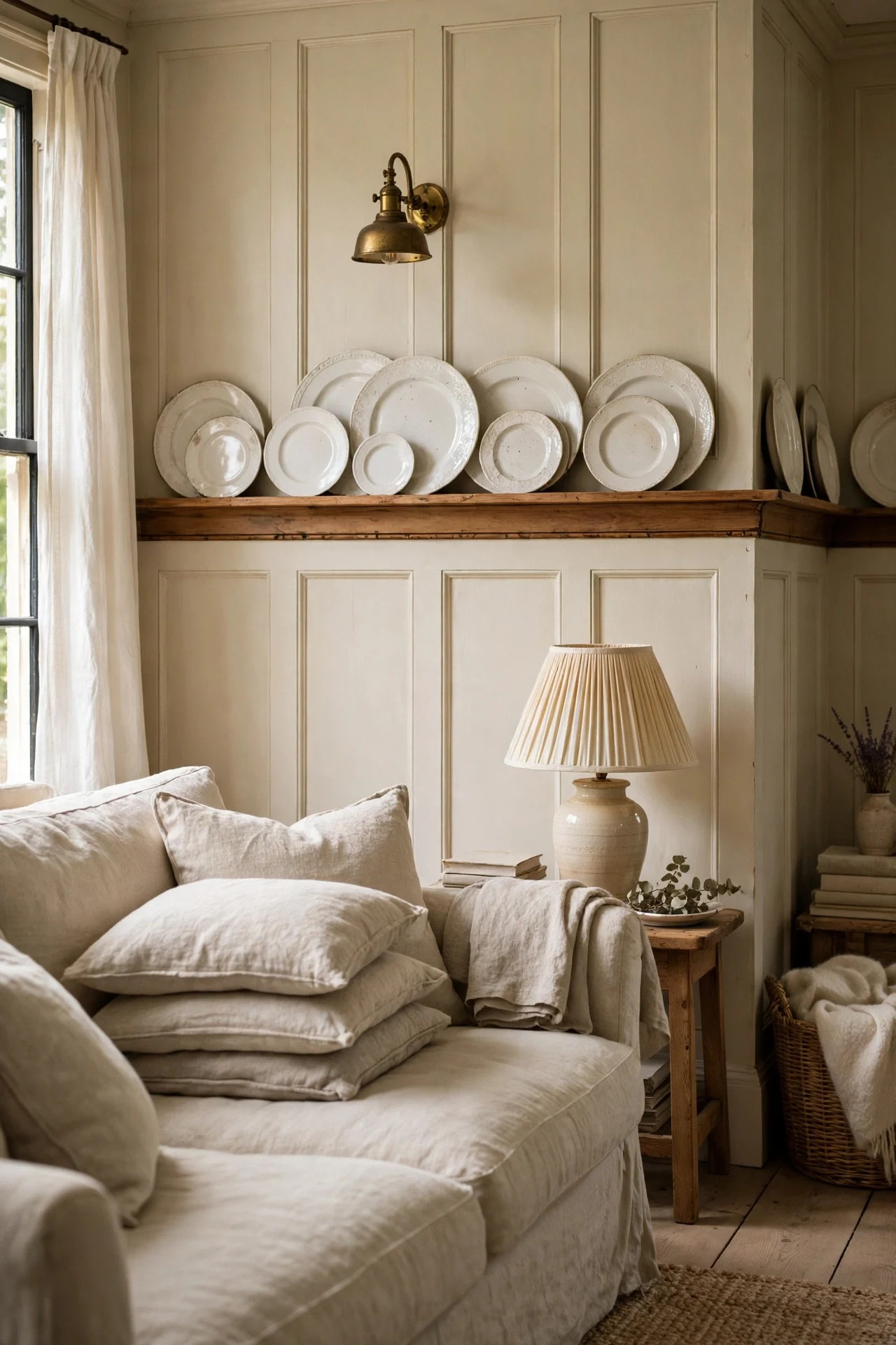 Deep plate rail with white ironstone platters above cream cottage wainscoting in a living room