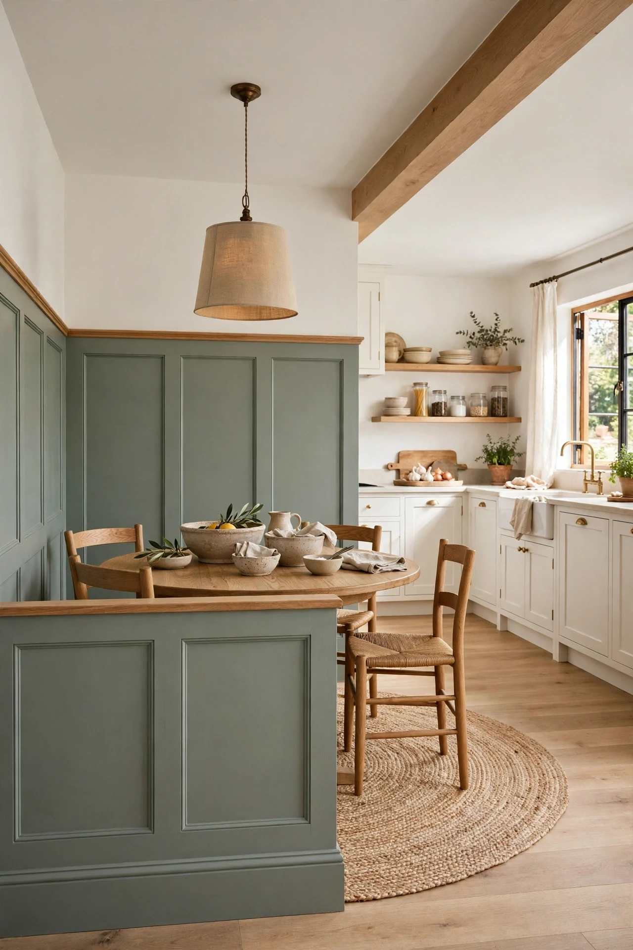 Sage cottage wainscoting wrapping the dining end of an open-plan kitchen with a round oak table