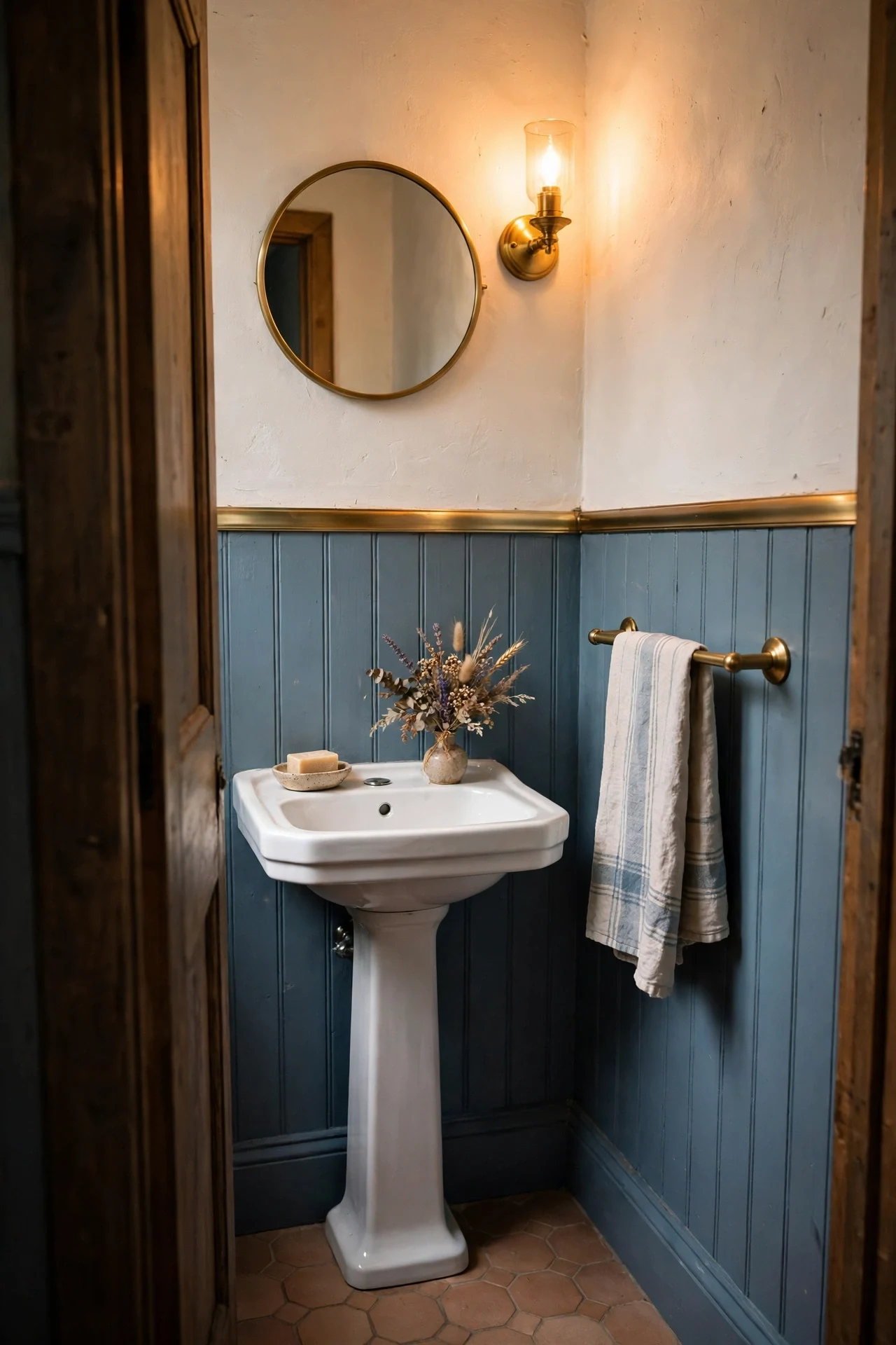 Tall dusty blue cottage wainscoting in a tiny powder room with pedestal sink and brass sconce