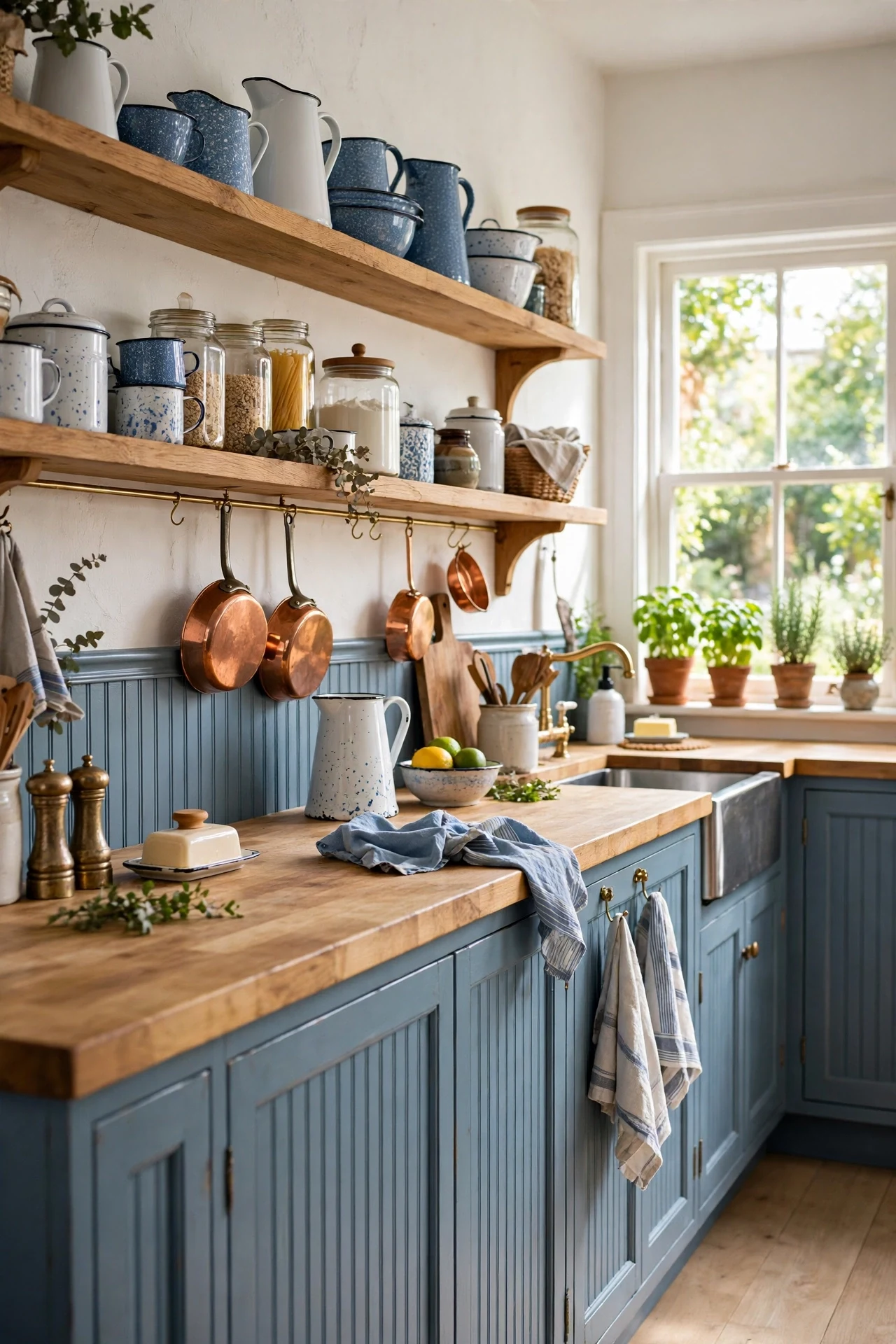 Dusty blue beadboard cottage wainscoting matching farmhouse kitchen cabinets with copper pans and herbs