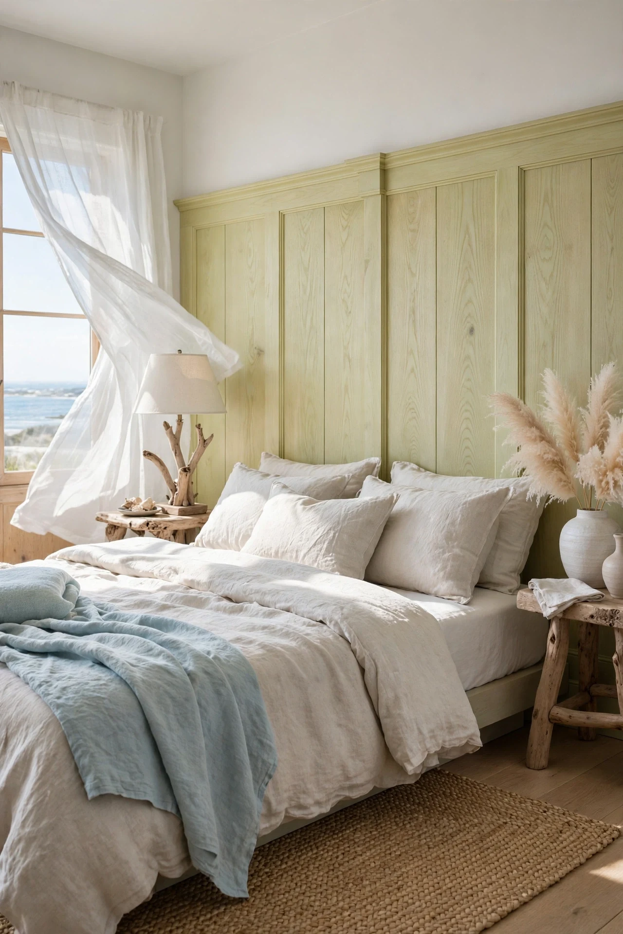 Limewashed oak cottage wainscoting behind a linen bed in a bright coastal cottage bedroom