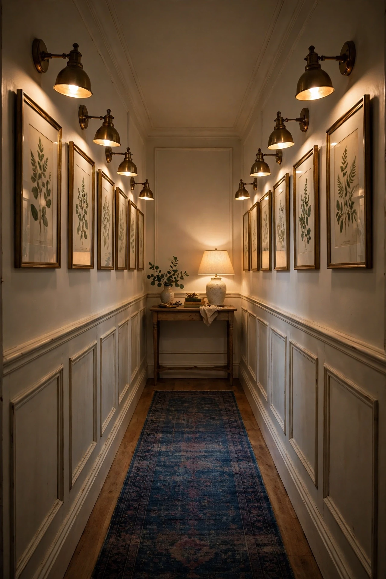 Brass picture lights washing framed botanical prints above warm white hallway cottage wainscoting