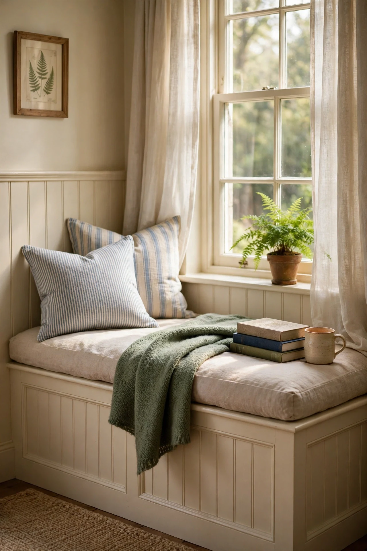 Window seat faced in cream beadboard cottage wainscoting with linen cushions in a reading nook
