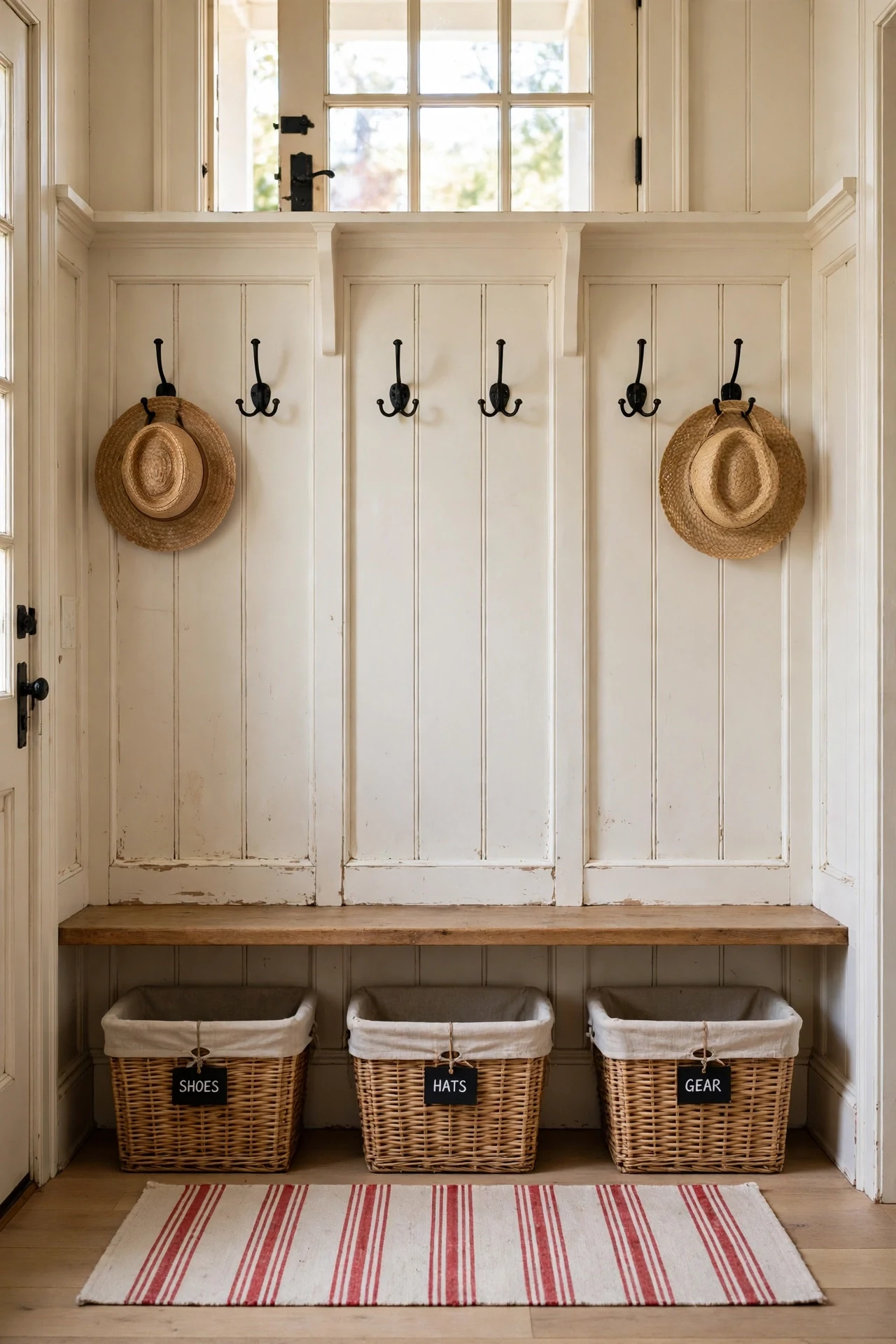 Row of double hooks and woven baskets over white cottage wainscoting in a family entryway