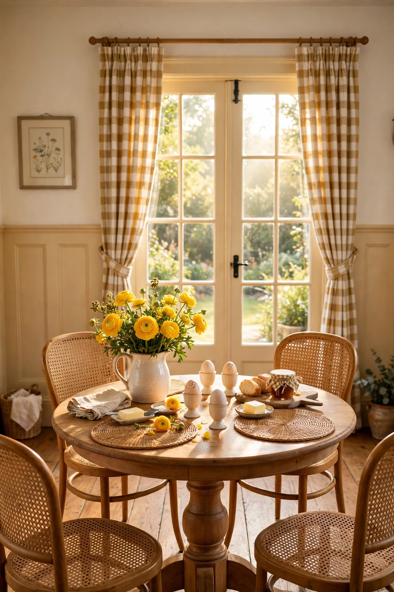 Warm buttercream board-and-batten cottage wainscoting in a sunny breakfast room with cane chairs