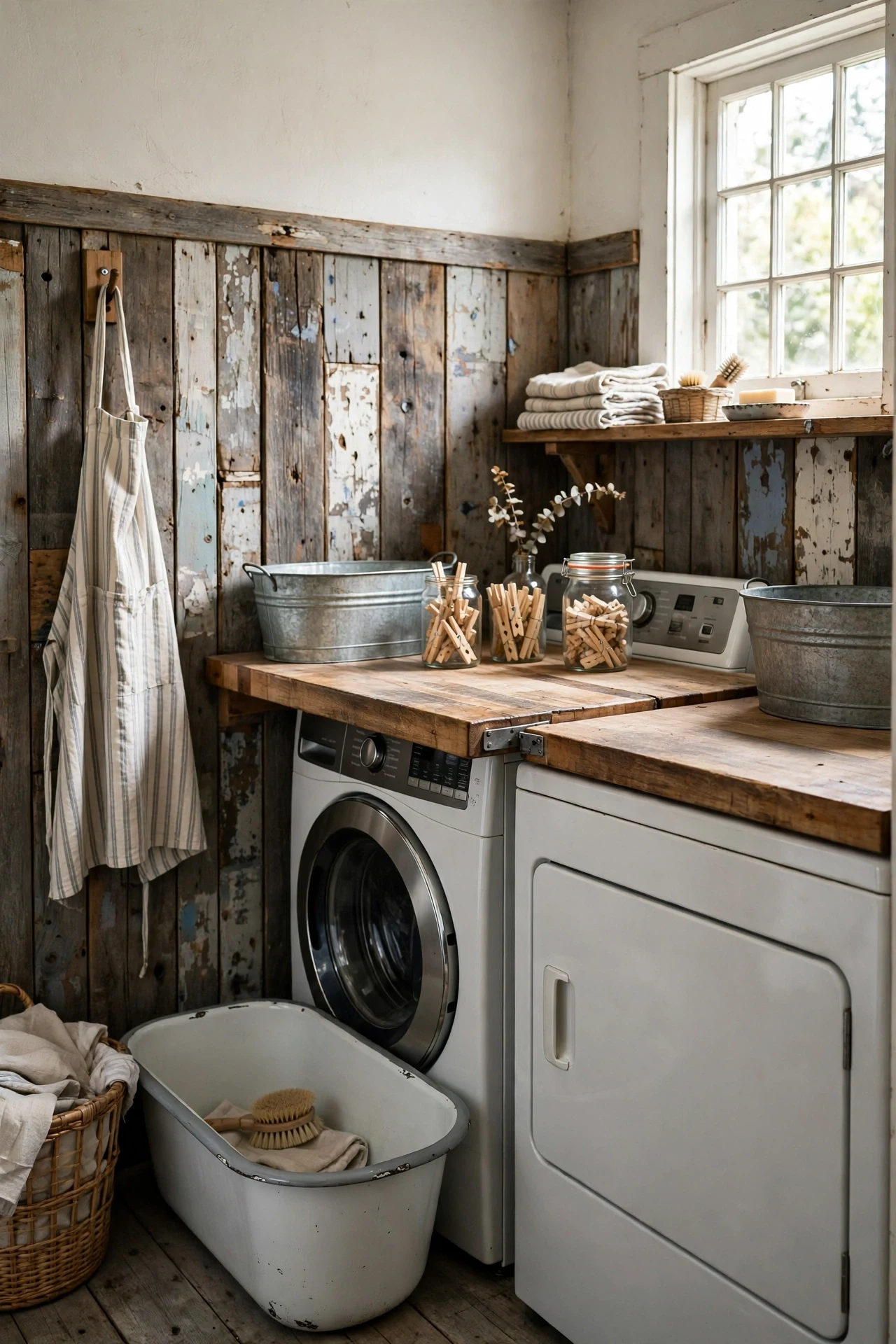 Reclaimed timber cottage wainscoting with weathered boards in a laundry room with galvanized tubs