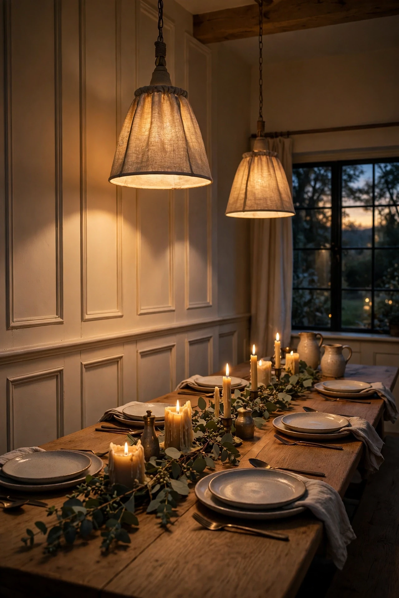Linen pendants grazing cream cottage wainscoting above a long oak dining table at dusk