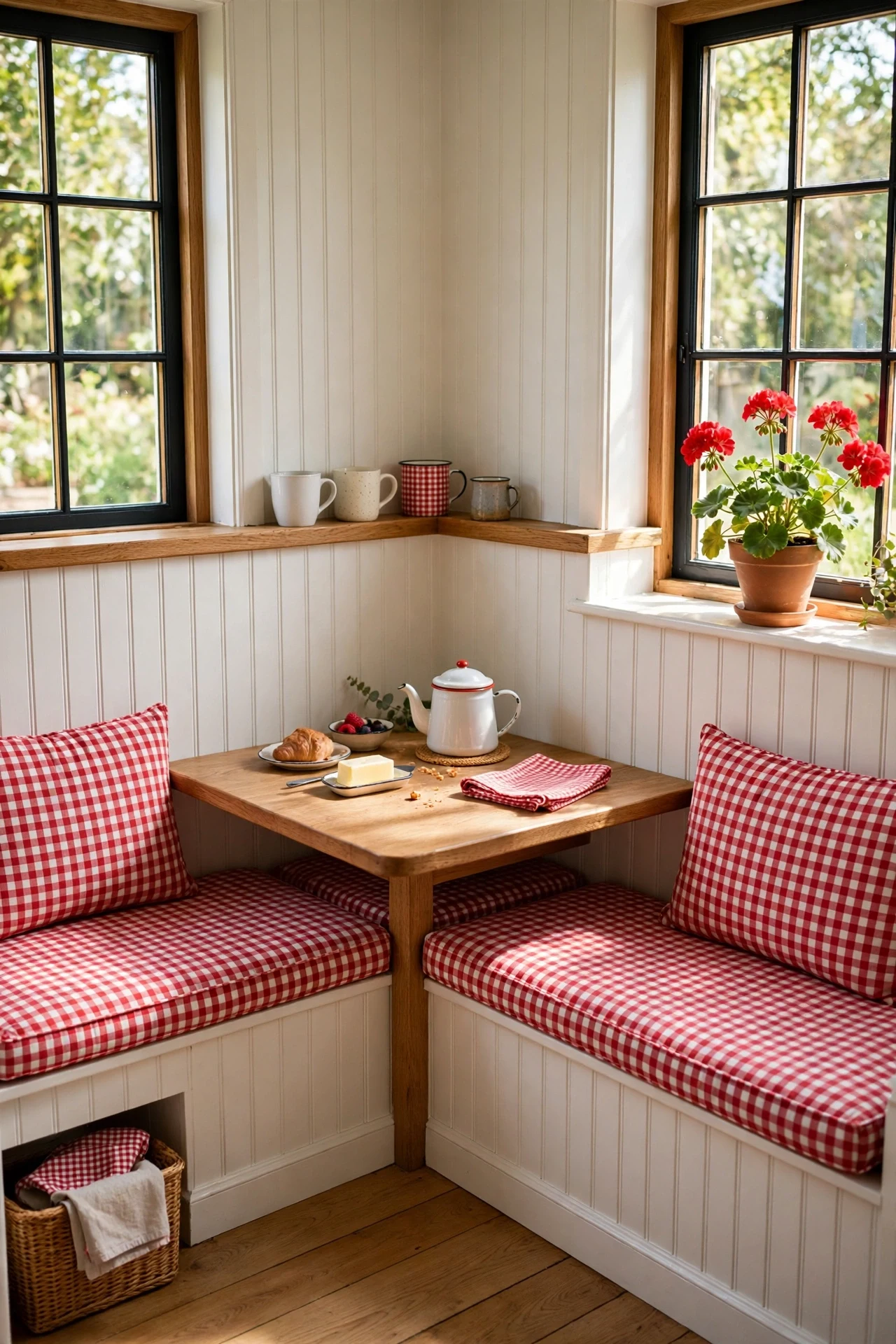 L-shaped banquette backed by white beadboard cottage wainscoting in a corner breakfast nook