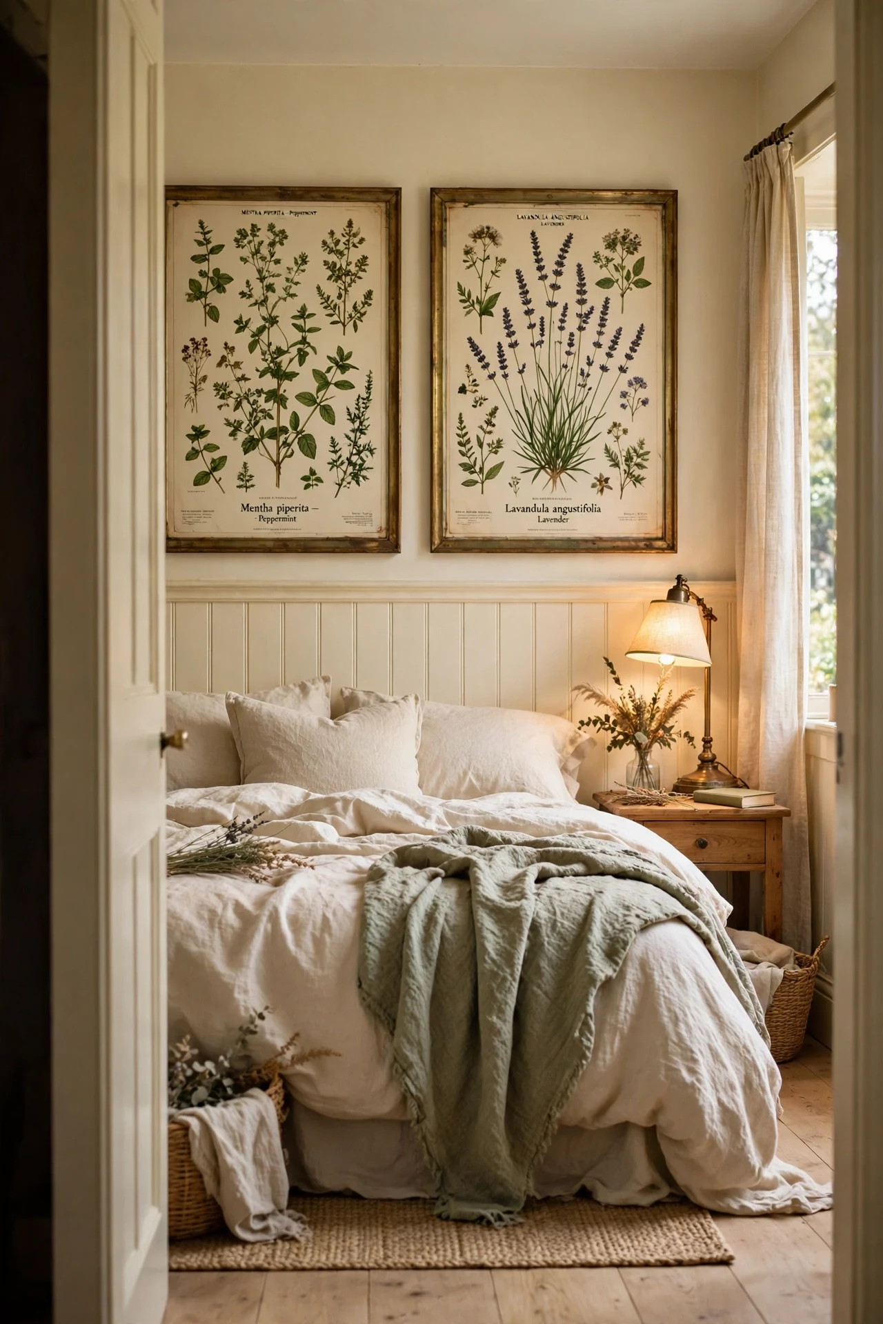 Oversized botanical prints in brass frames above cream cottage wainscoting in a guest bedroom
