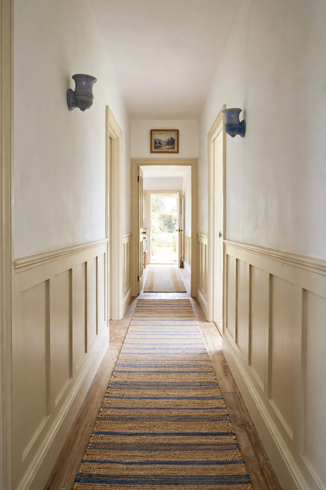 Low wraparound cream cottage wainscoting stretching along both walls of a long narrow hallway