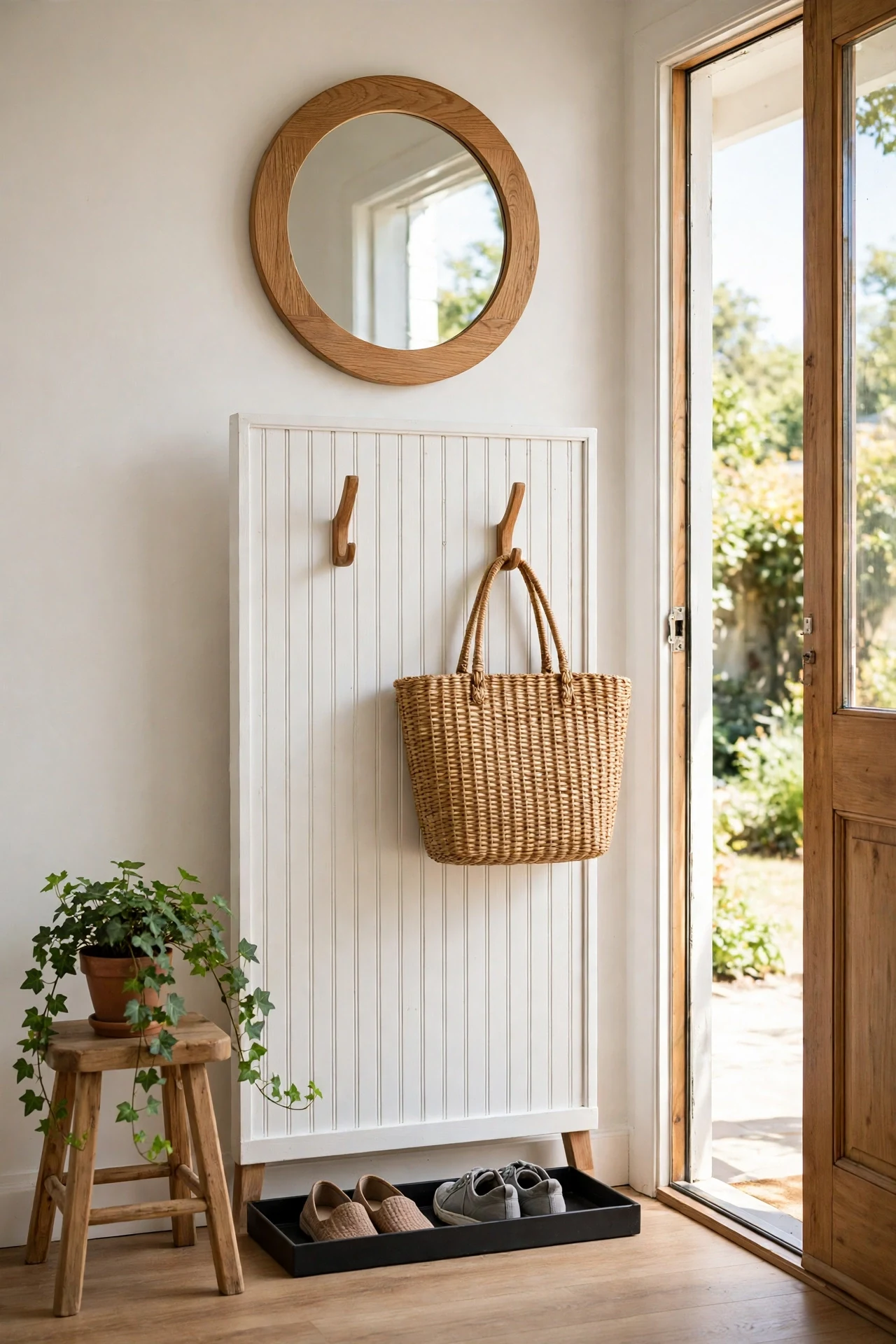 Single beadboard panel with mirror and hooks as rental-friendly cottage wainscoting in a small entry