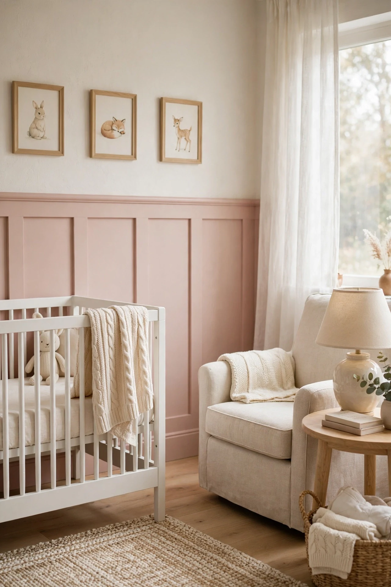 Rose-blush board-and-batten cottage wainscoting behind a white crib in a soft nursery
