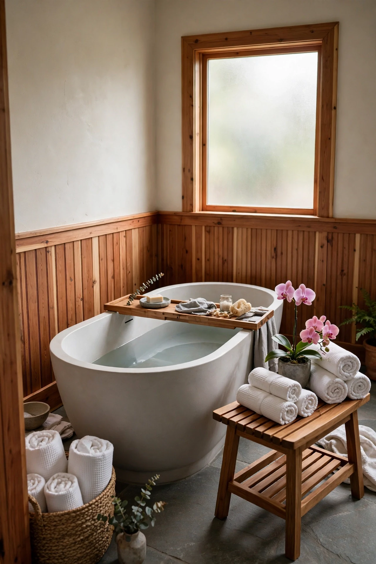 Natural cedar beadboard cottage wainscoting around a freestanding tub in a spa bathroom