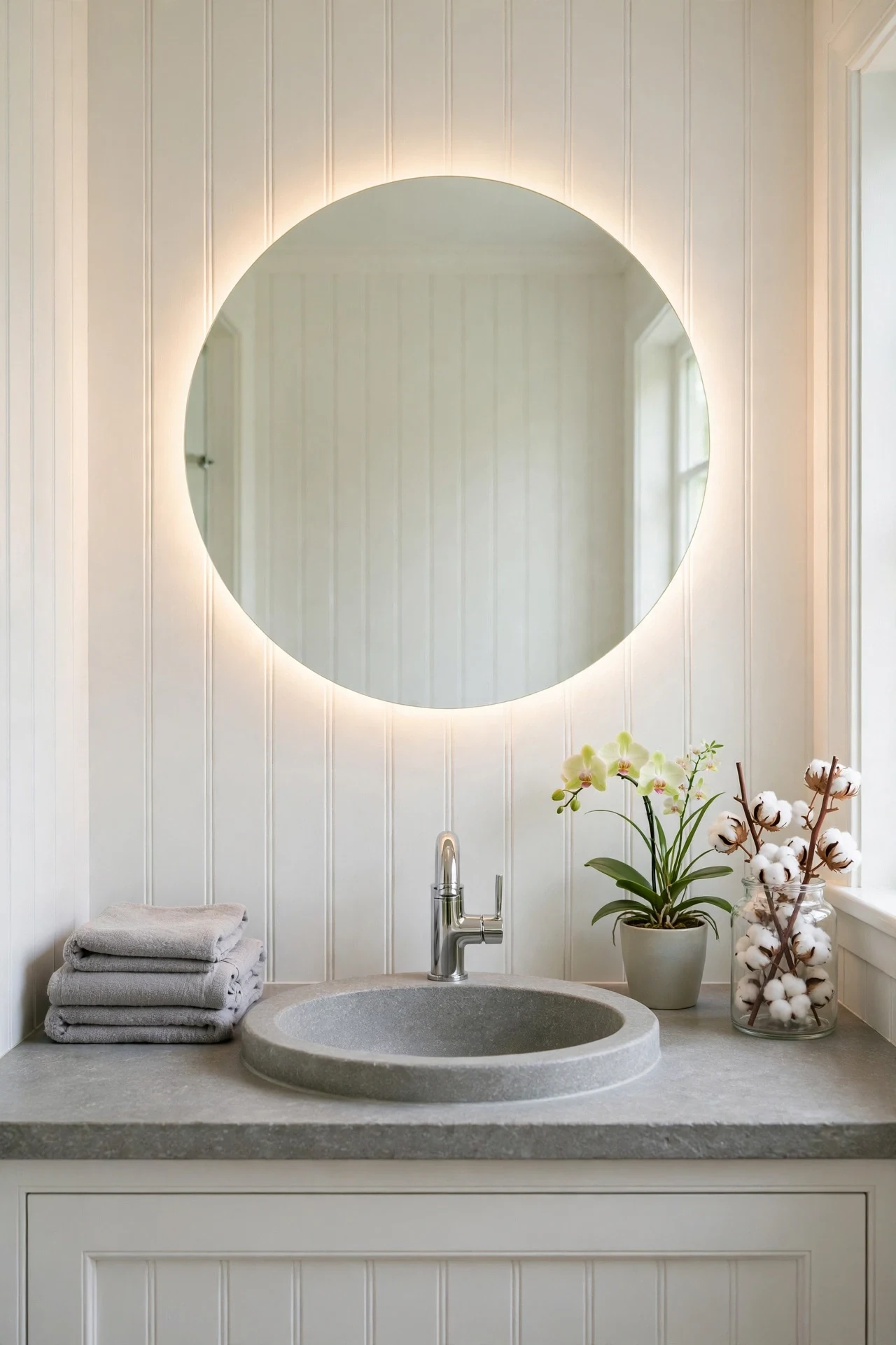 Backlit round mirror glowing over soft white cottage wainscoting and a stone bathroom sink