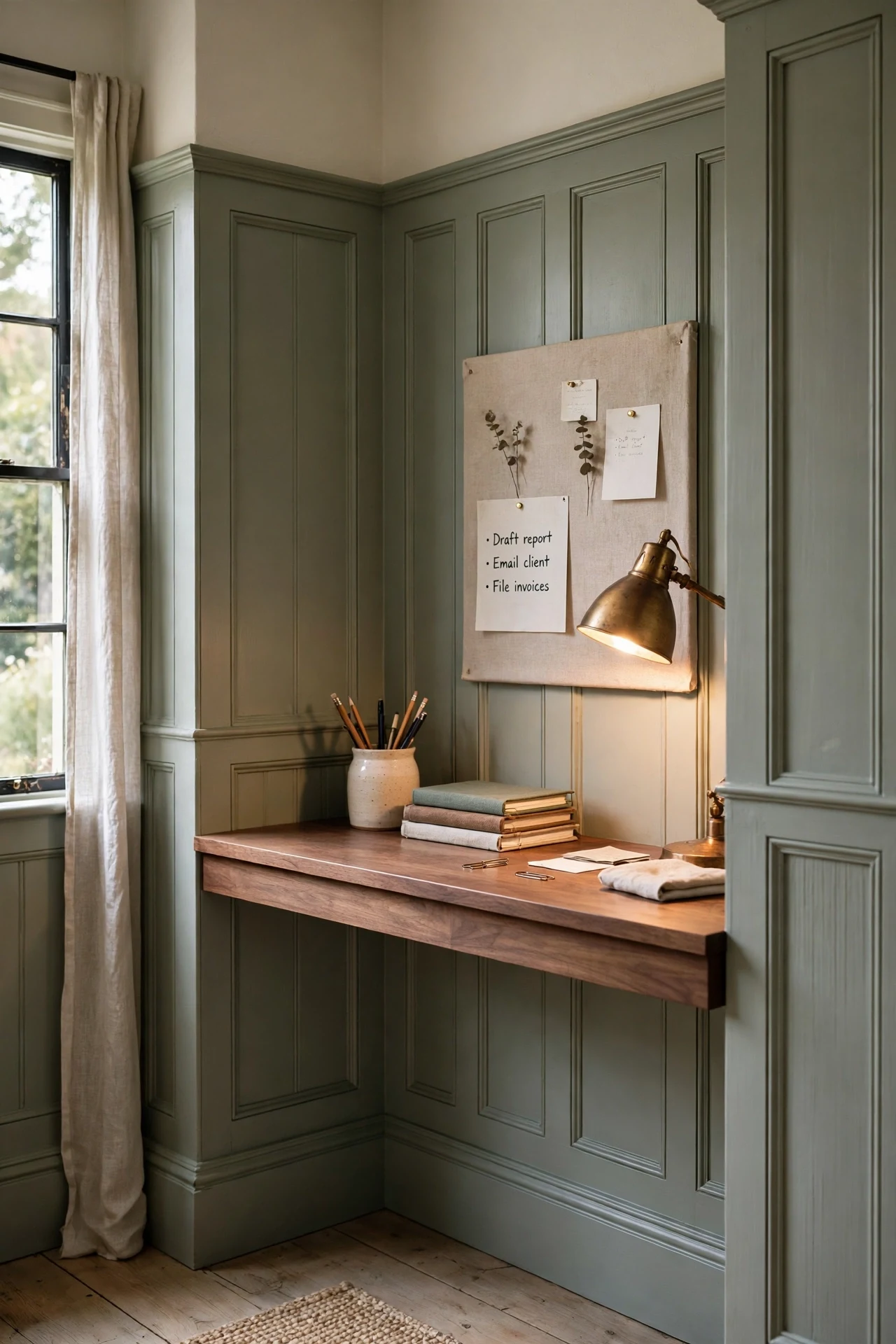 Sage cottage wainscoting lining a desk alcove with floating walnut desk and brass task lamp