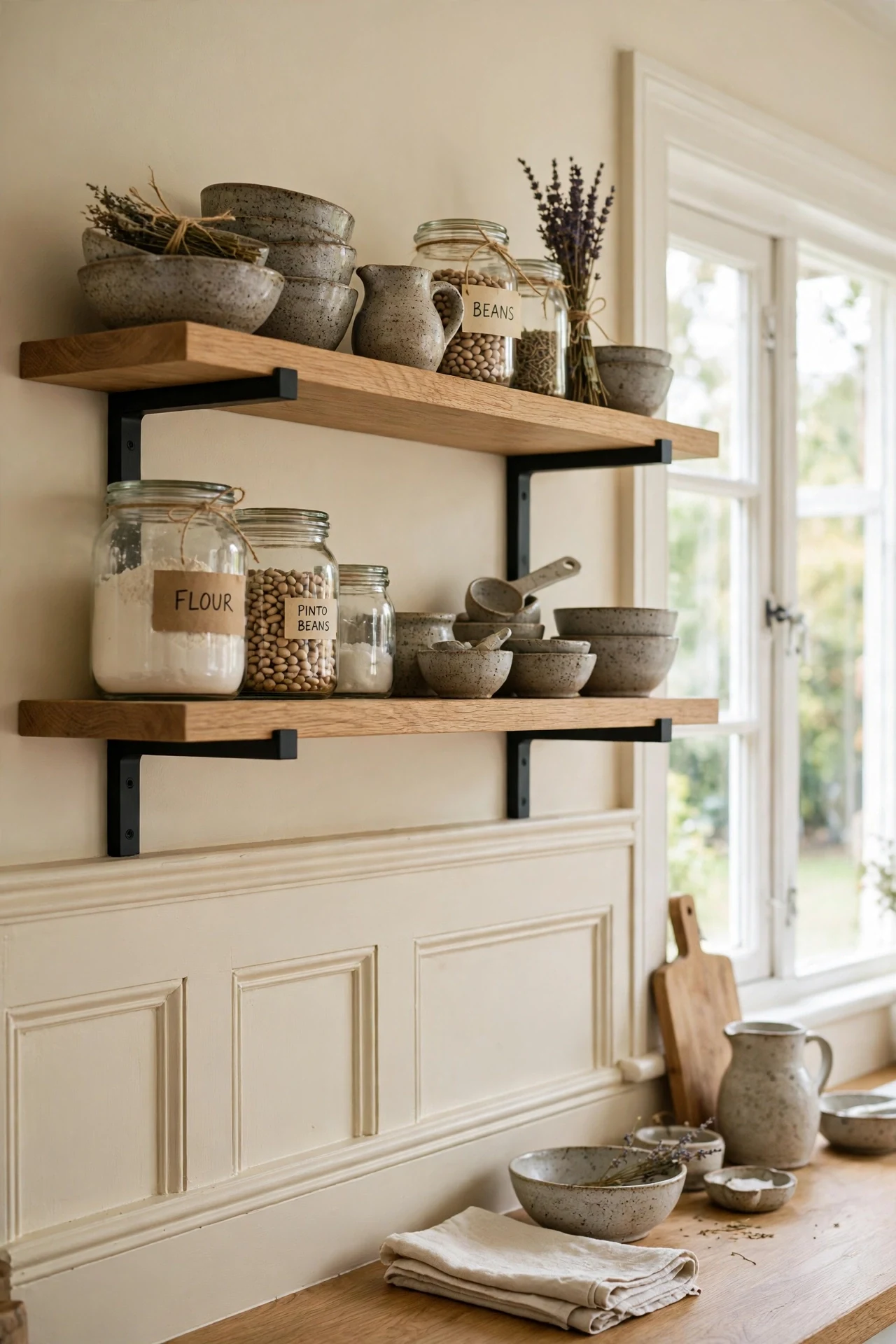 White oak open shelves with stoneware above cream cottage wainscoting in a bright kitchen