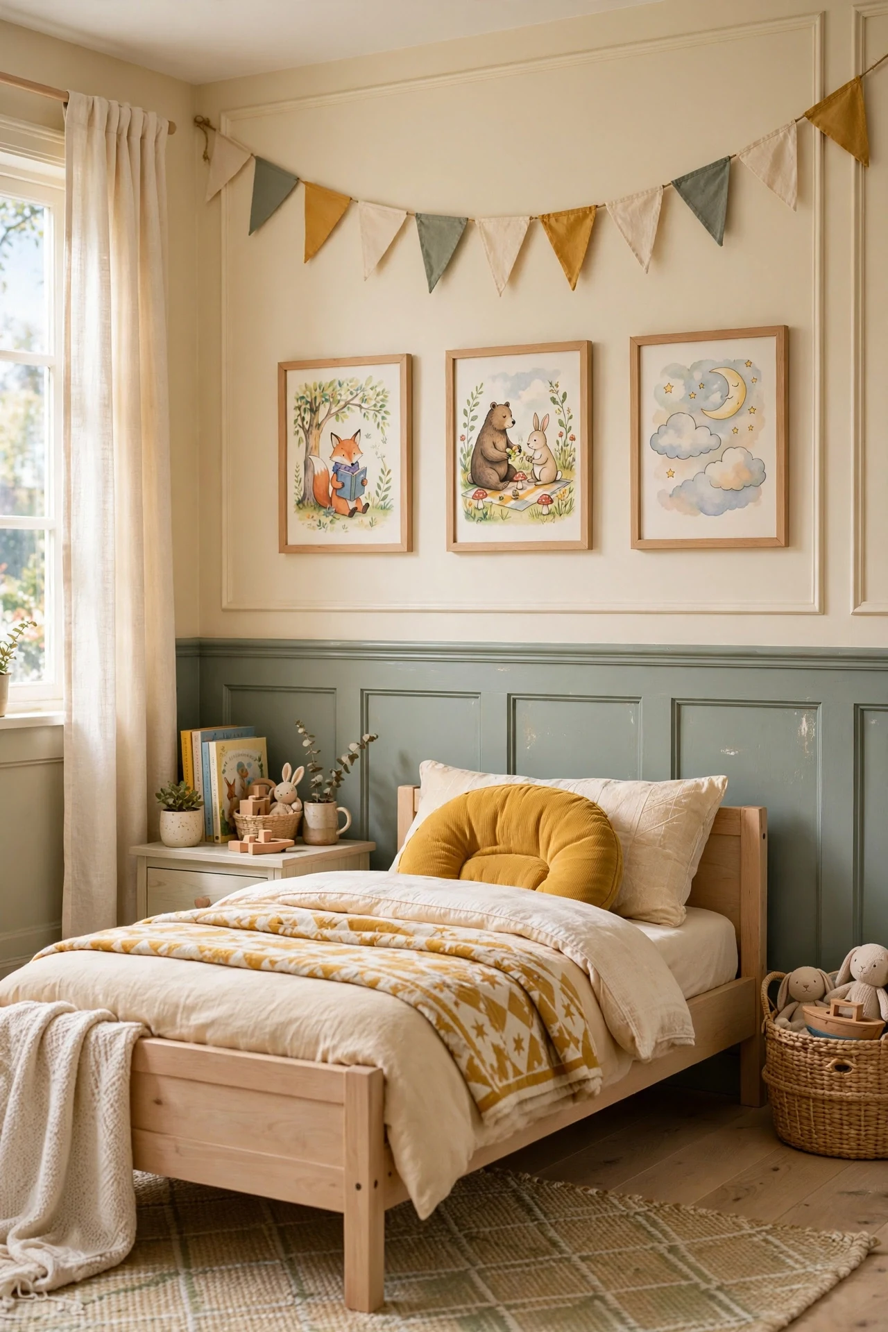 Two-tone sage and cream cottage wainscoting in a kids' bedroom with bunting and storybook art