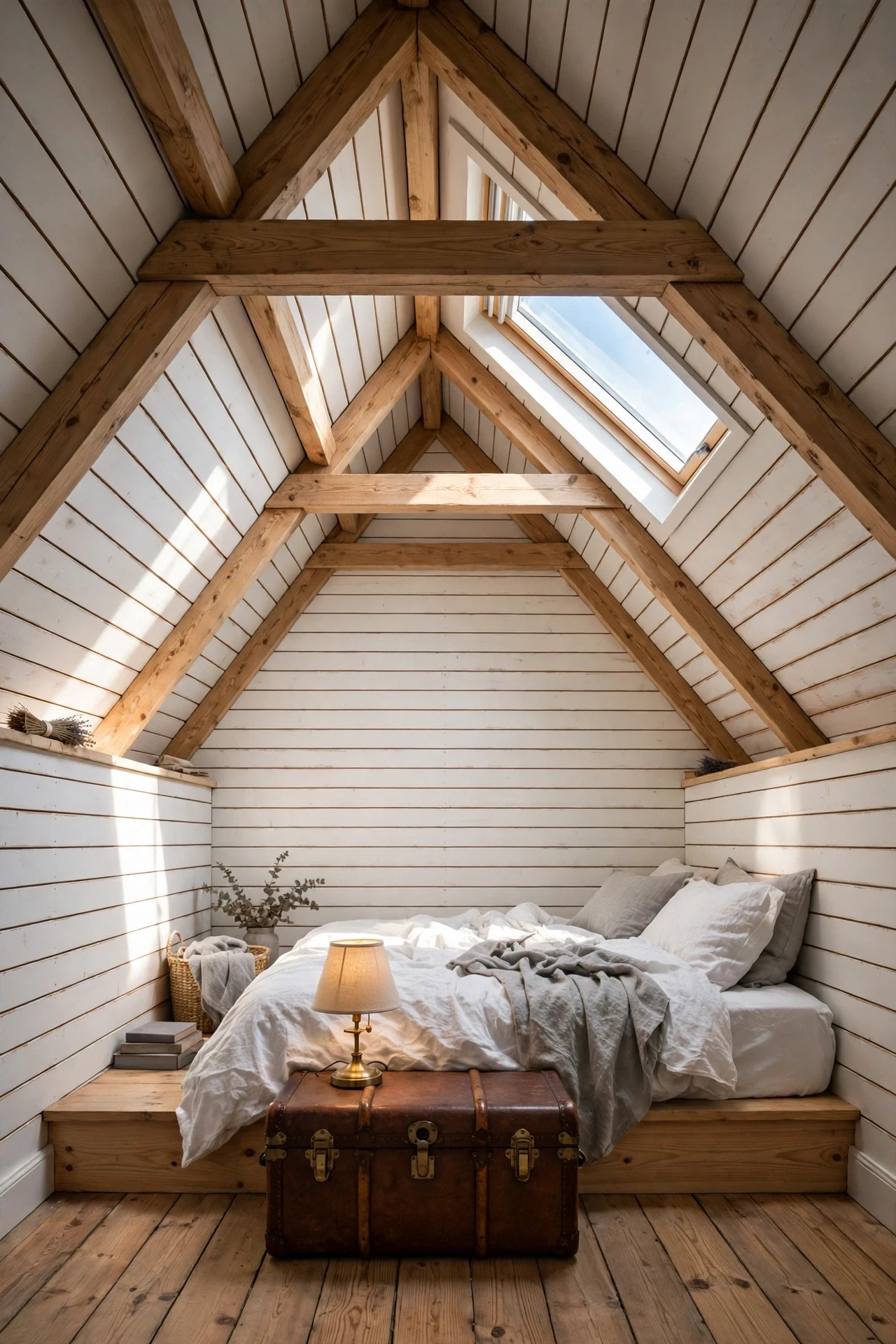 Horizontal shiplap cottage wainscoting along attic knee walls under a bright skylight