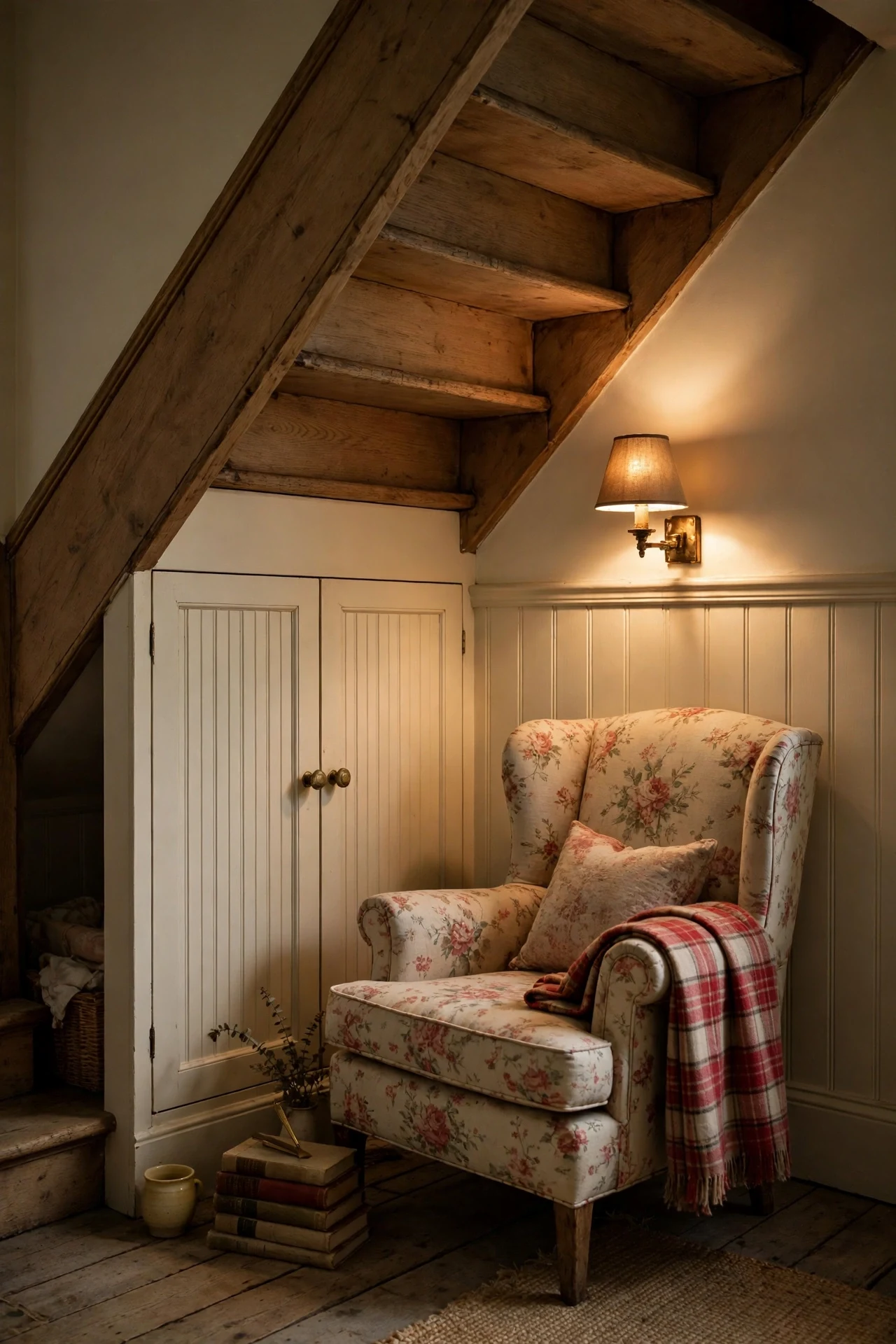 Under-stairs reading corner wrapped in cream cottage wainscoting with beadboard cupboard doors