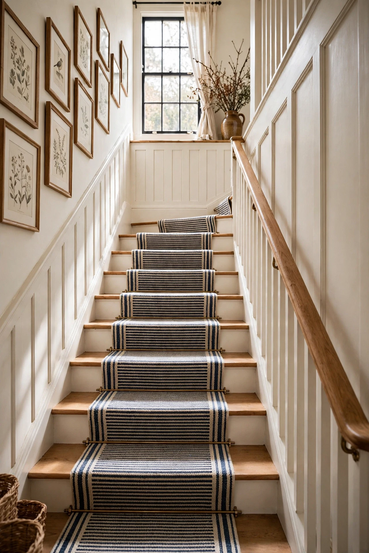 White cottage wainscoting following the rake of a staircase beside an oak handrail and runner