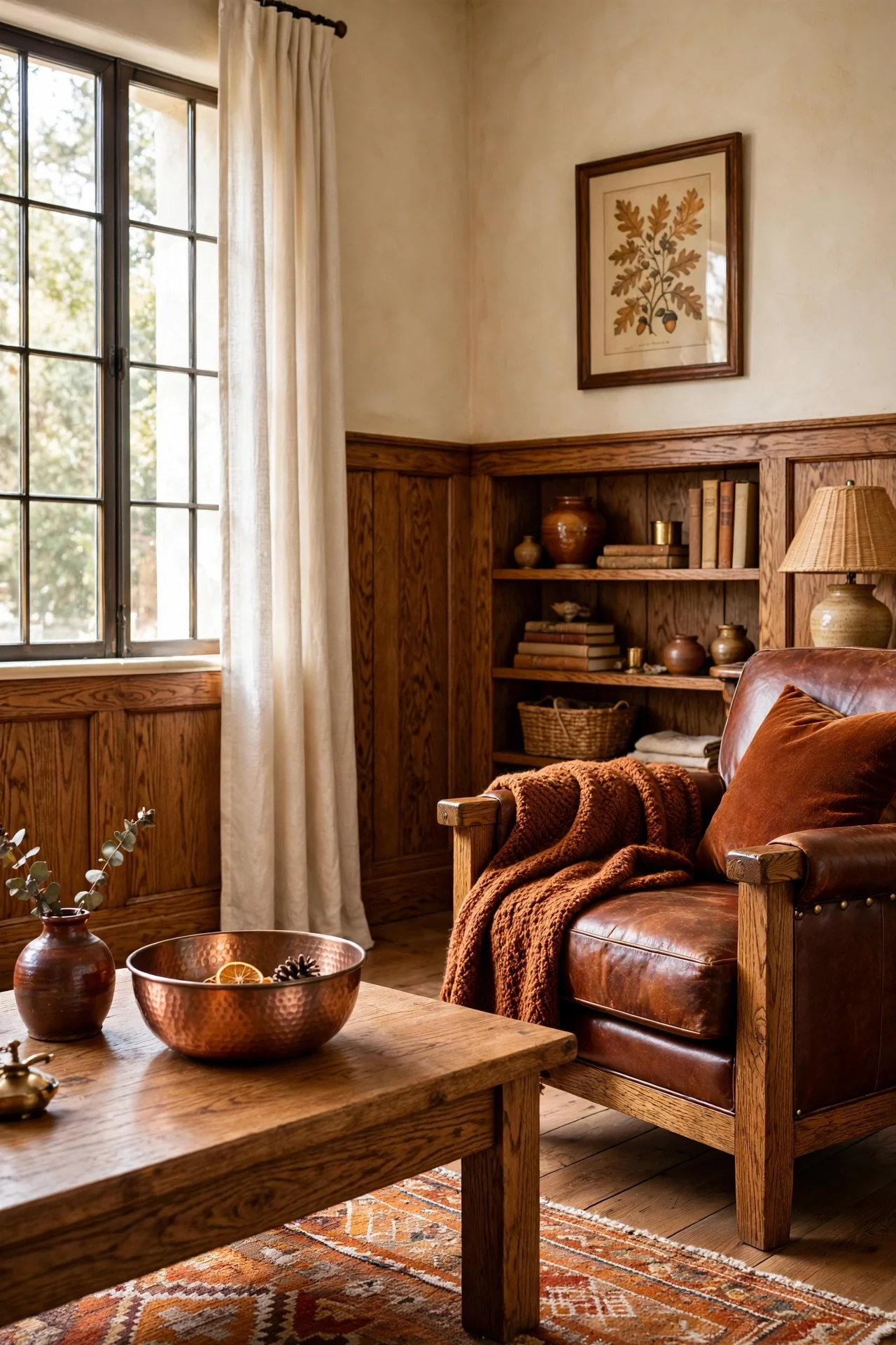 Warm cream walls above mission oak craftsman wainscoting