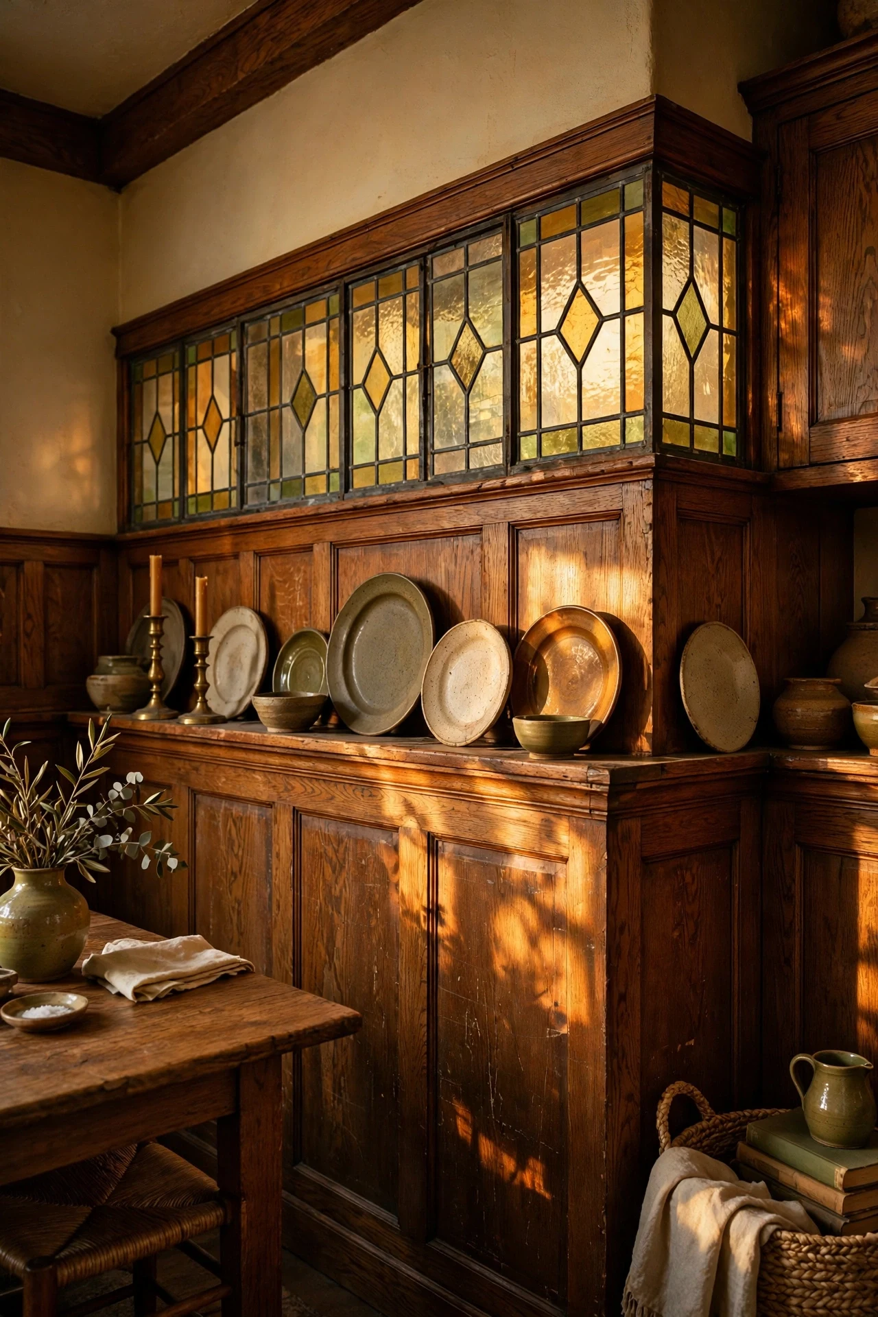 Quartersawn oak wainscoting with a leaded glass plate rail