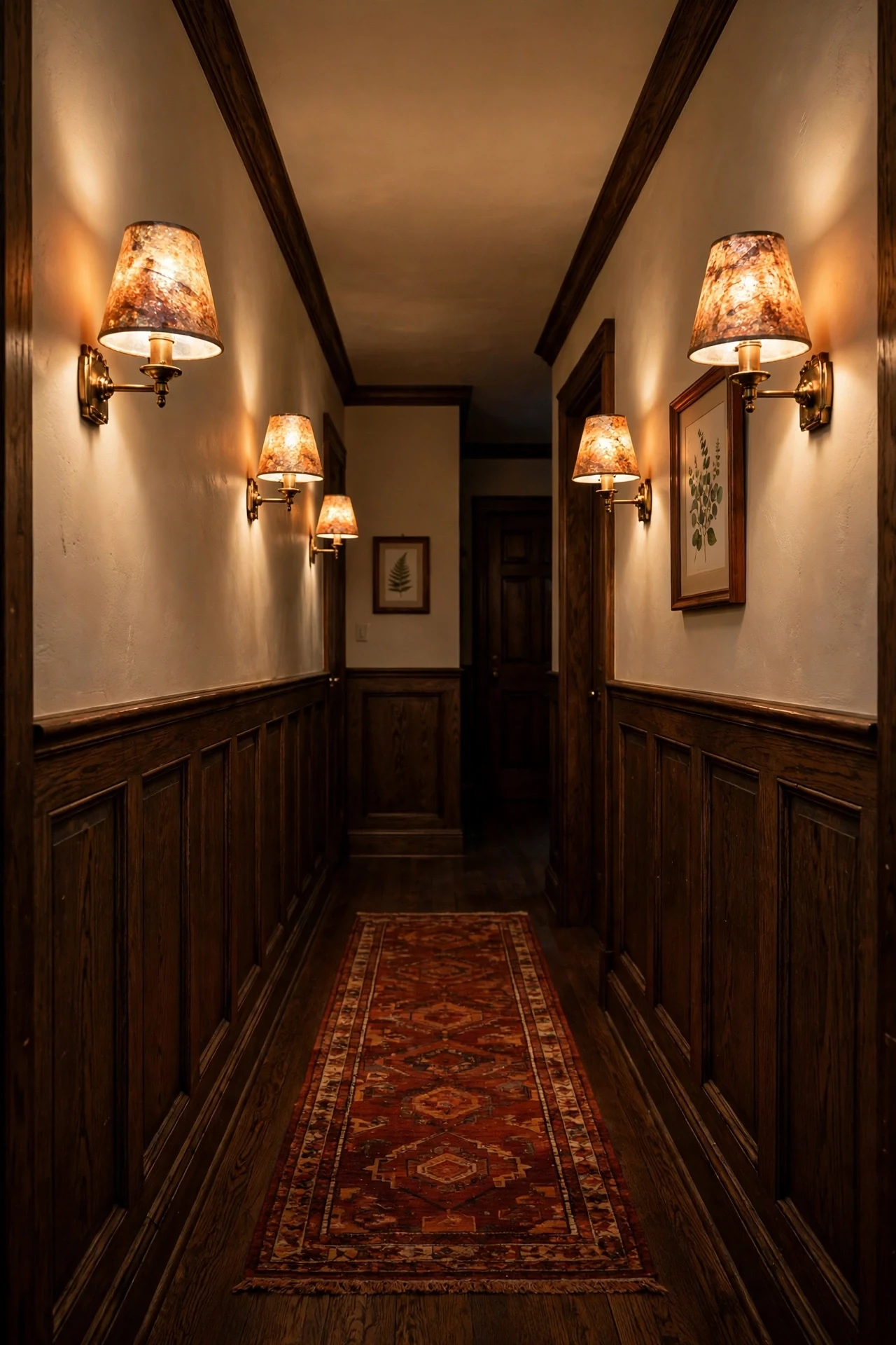 Mica sconces glowing against stained oak wainscoting