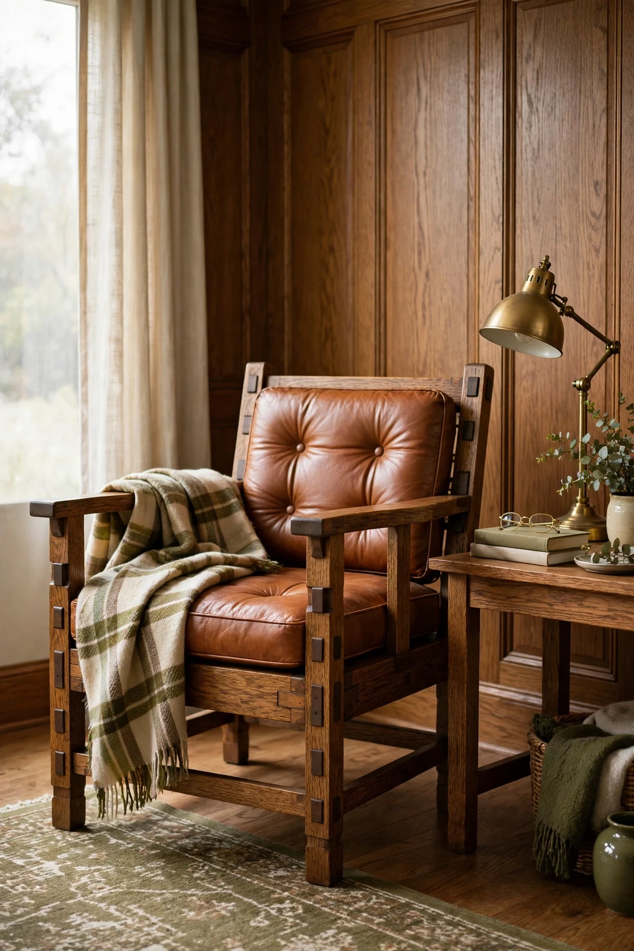 Leather Morris chair against full-height oak wainscoting