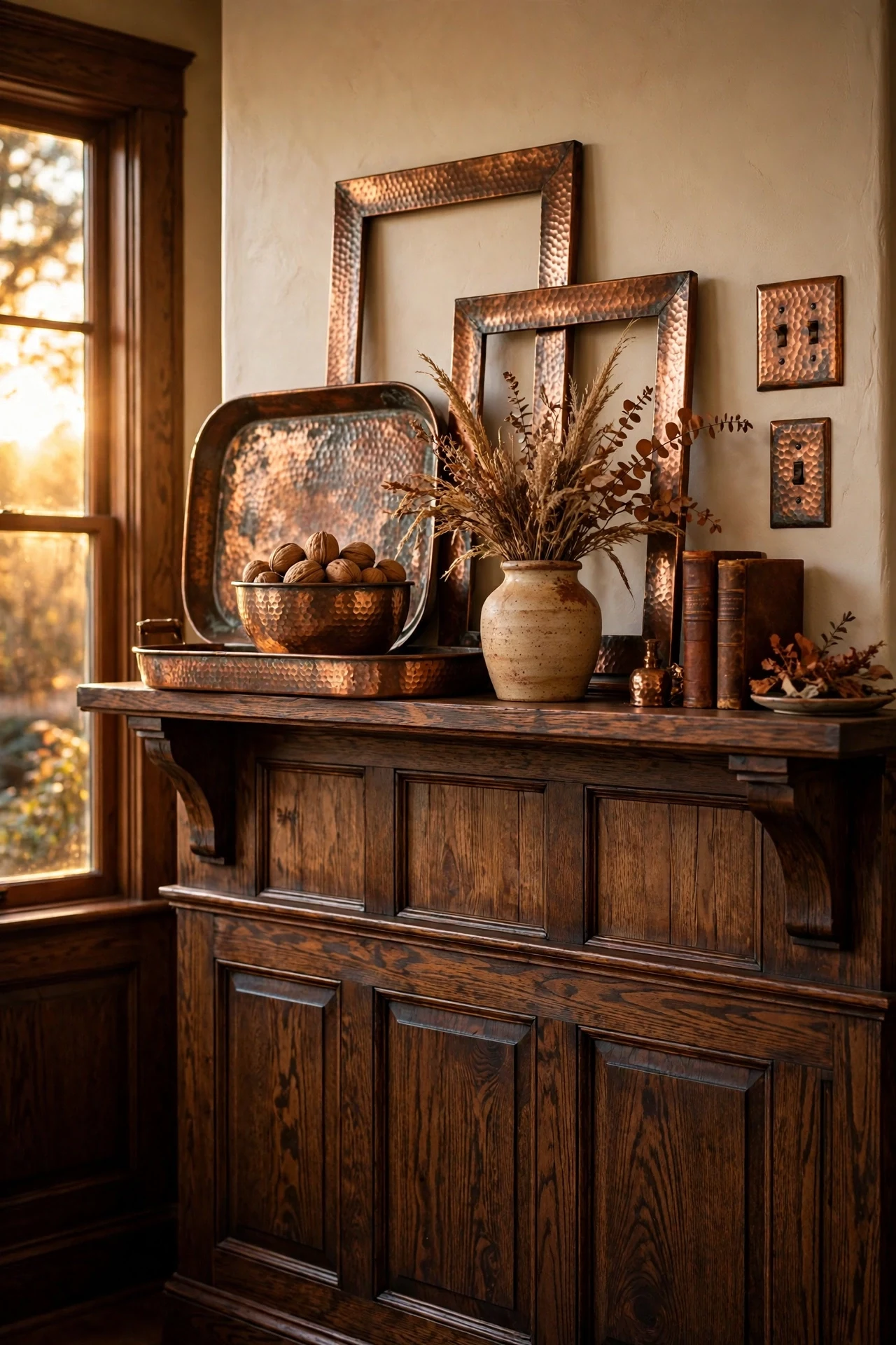 Hammered copper accents over deep-stained oak wainscoting