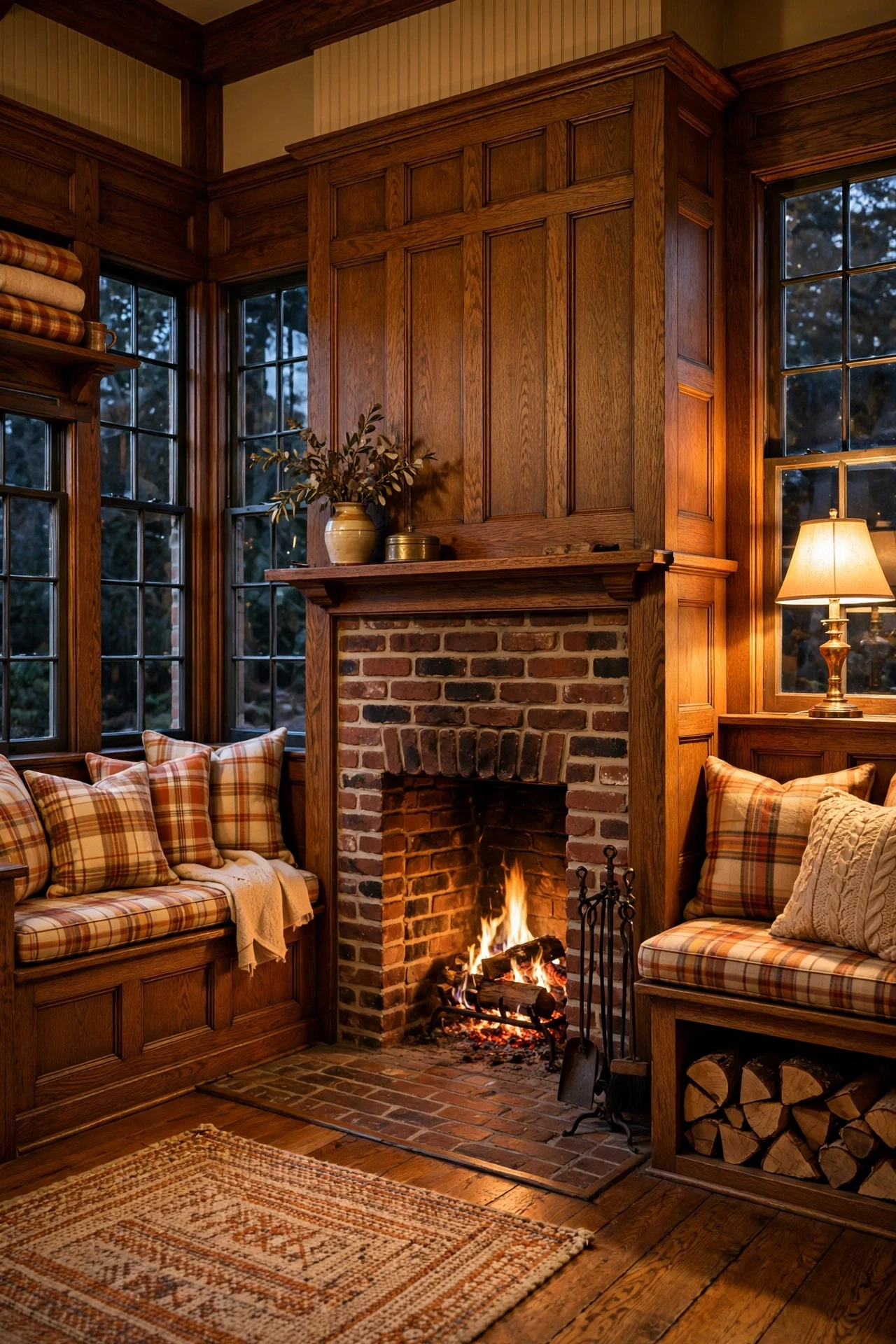 Oak wainscoting in a cozy craftsman inglenook fireplace nook