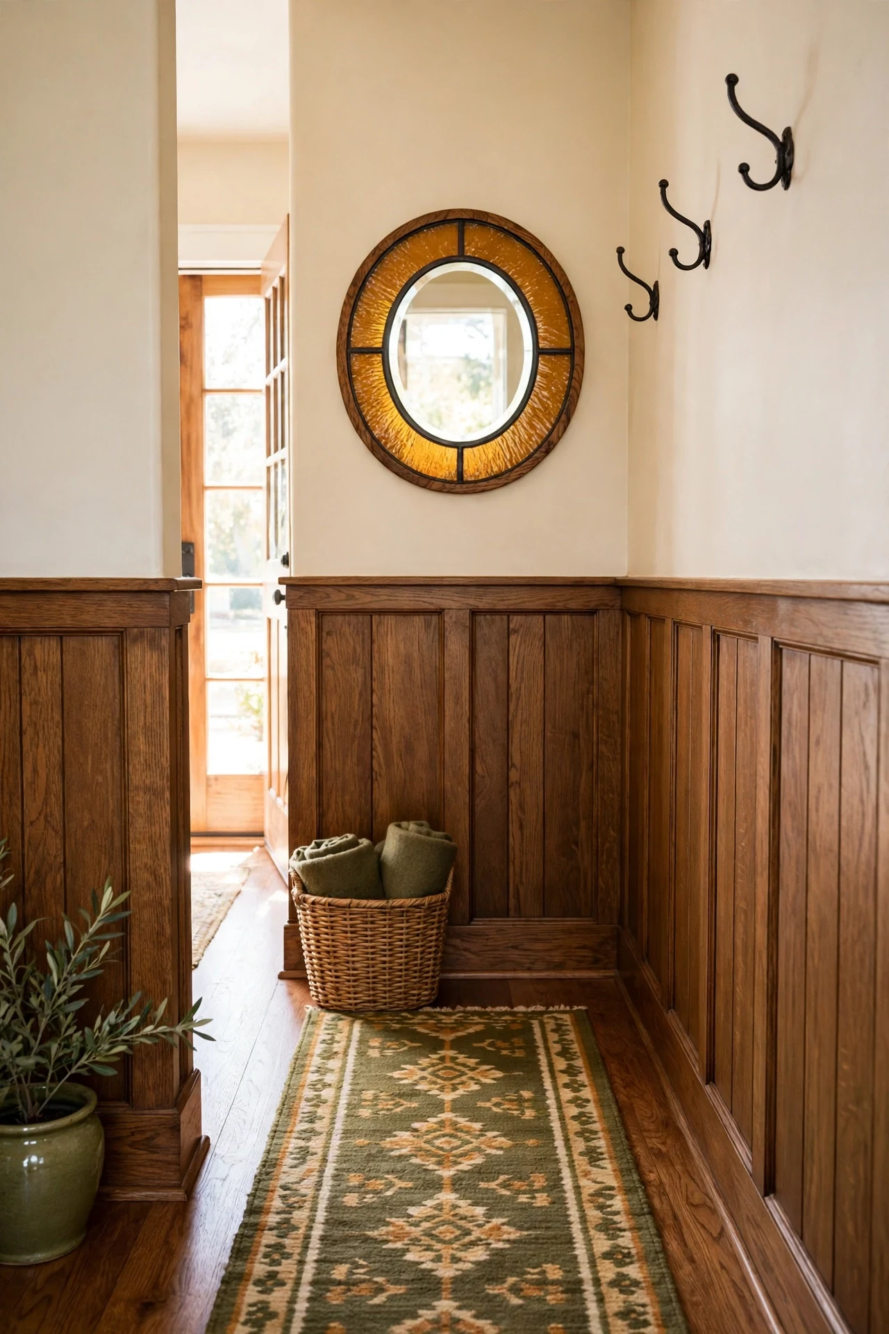 Chair-rail wainscoting in a narrow craftsman entryway