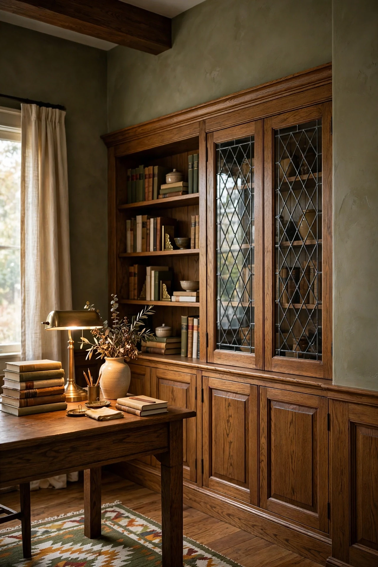 Olive green upper walls over oak craftsman wainscoting