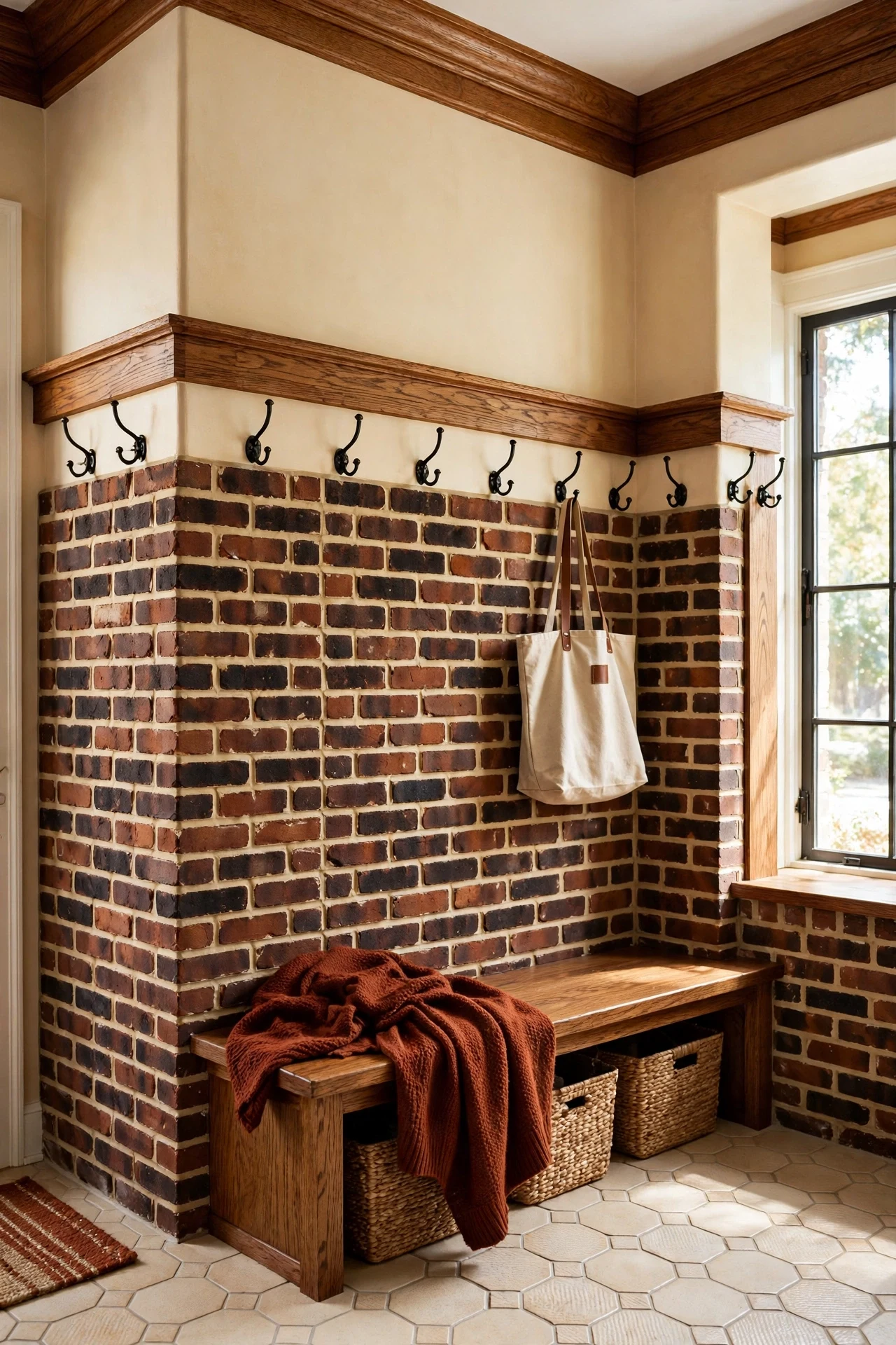Clinker brick wainscot capped with an oak chair rail